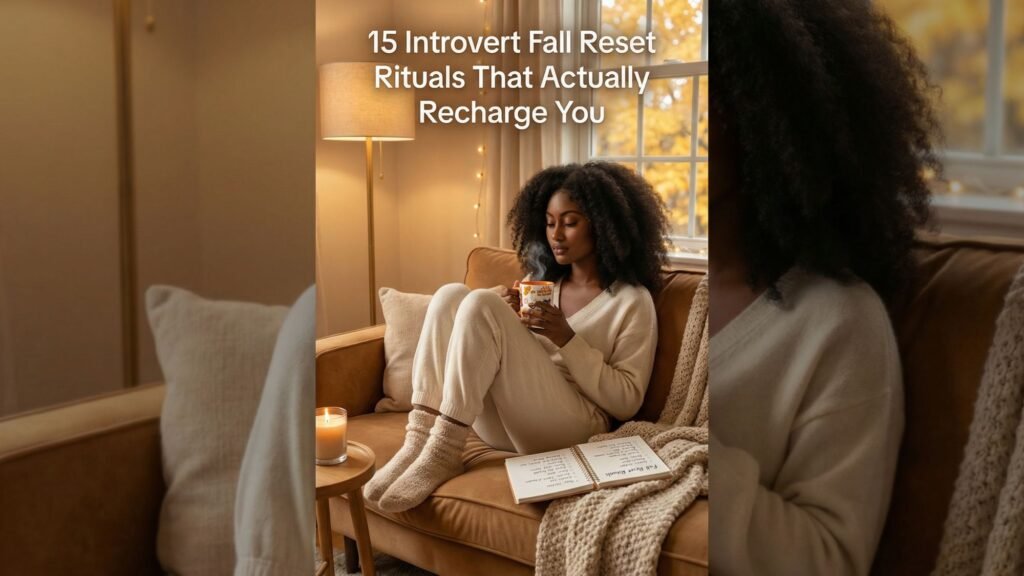 A woman in cozy loungewear sits on a sofa with a mug, surrounded by warm lighting, a candle, and an open book. The text reads, 15 Introvert Fall Reset Rituals That Actually Recharge You.