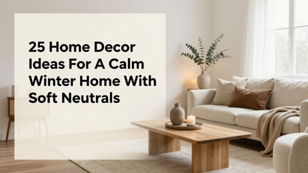A modern living room with soft neutrals, including a beige sofa, brown and tan cushions, a wooden coffee table with vases and candles, a plant in a vase, and large windows. Text reads: 25 Home Decor Ideas For A Calm Winter Home With Soft Neutrals.