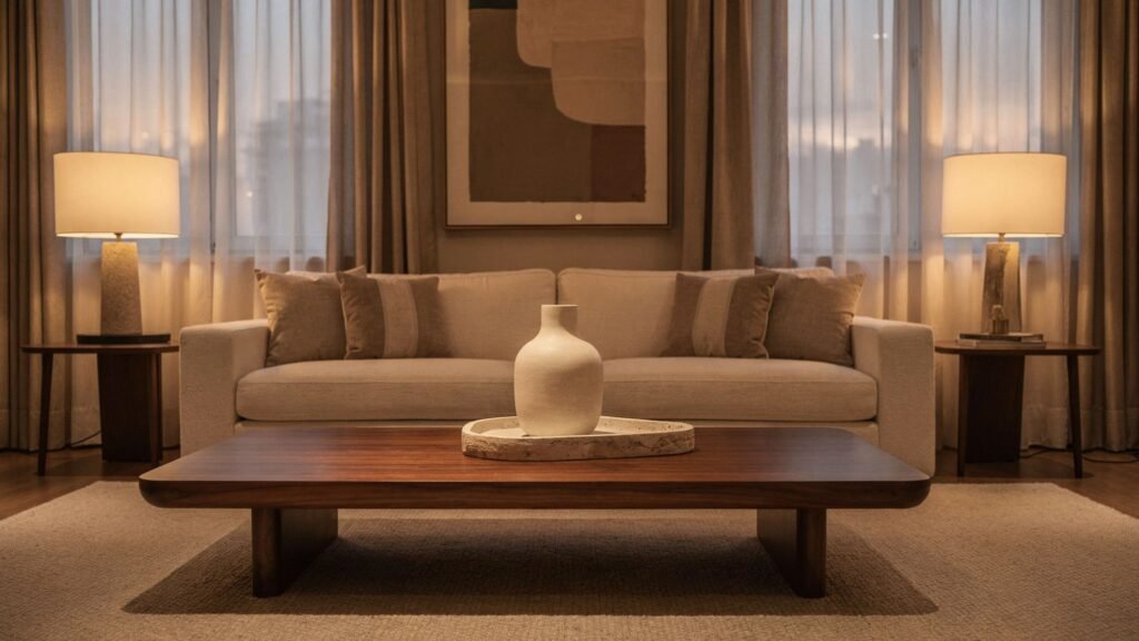 A cozy living room with a beige sofa, neutral throw pillows, a wooden coffee table with a decorative vase, and warm lighting evokes quiet luxury. Sheer curtains and abstract artwork offer effortless home decor ideas for an inviting atmosphere.