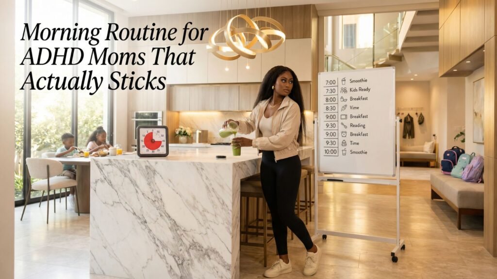 A woman stands in a modern kitchen near a timer and a whiteboard with a morning routine for ADHD moms. Text reads, Morning Routine for ADHD Moms That Actually Sticks. Backpacks and kitchen items are visible in the background.