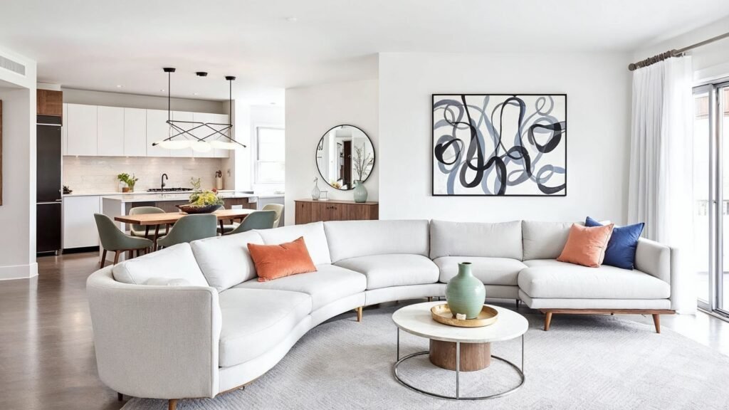 Modern open living space with a curved white sofa, orange and blue pillows, and a round coffee table with a green vase—perfect for cozy minimal style. Abstract wall art adds flair, while large windows bathe the dining area and kitchen in natural light.