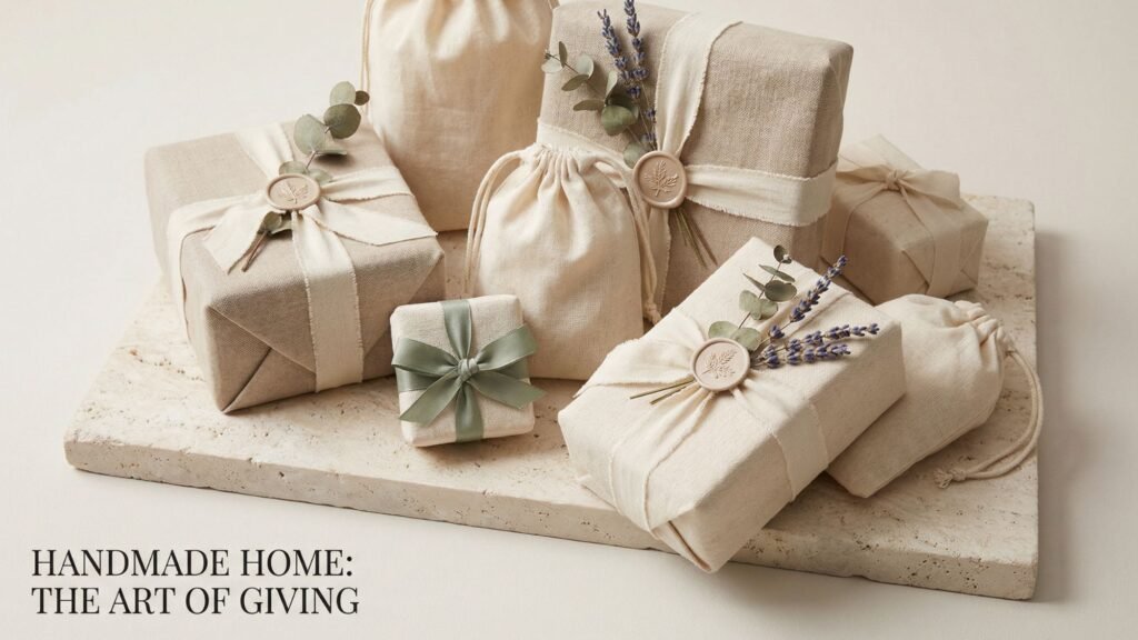A variety of DIY presents wrapped in neutral aesthetic packaging—fabric, twine, wax seals, greenery, and lavender—arranged on a stone slab. Text reads: “HANDMADE HOME: THE ART OF GIVING.”.