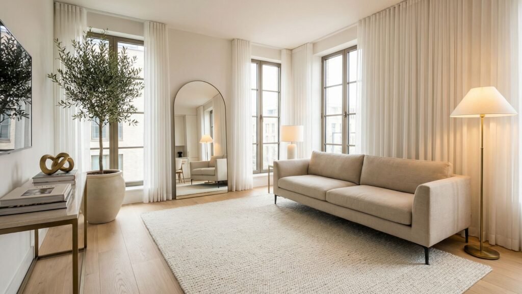A bright, modern living room with large windows, a beige sofa, and airy white curtains offers spacious vibes—perfect for small apartments. Minimalist home decor ideas like potted plants and a large mirror enhance the open feel.