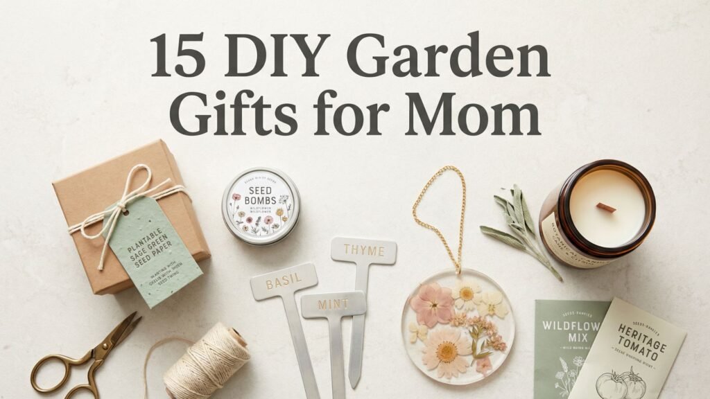 A flat lay of garden-themed DIY presents, including a candle, seed packets, plant markers labeled basil, thyme, and mint, twine, a tin of seed bombs, a pressed flower ornament, and a wrapped gift. Text: 15 DIY Garden Gifts for Mom.