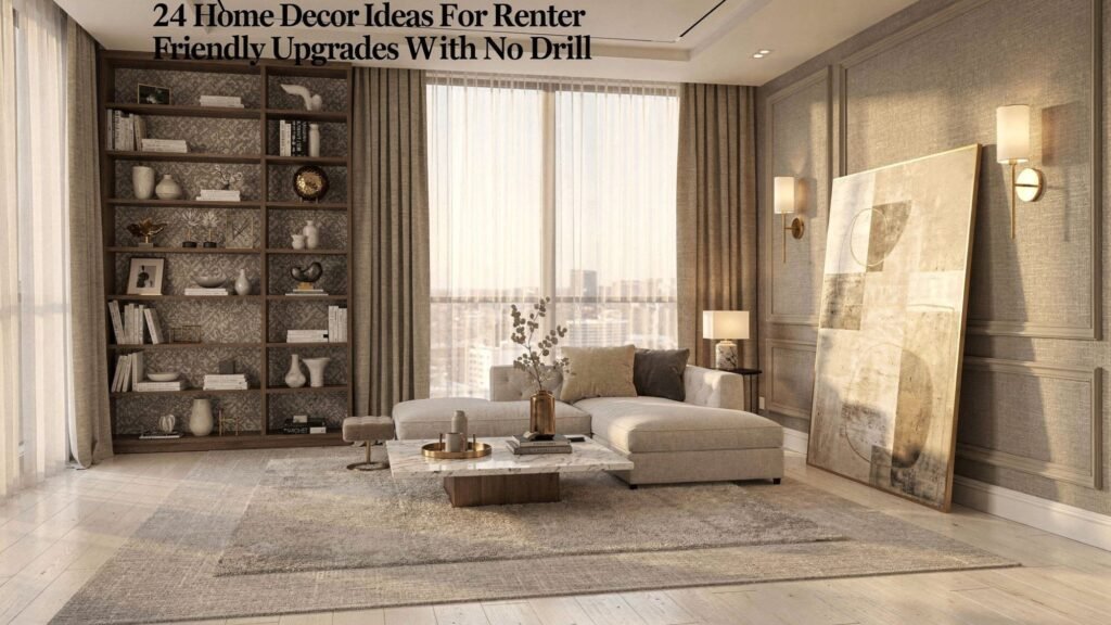 Luxury renter-friendly living room with no-drill upgrades: peel-and-stick wallpaper accent wall, plug-in sconces, leaning oversized art, styled built-in bookcase, layered neutral rug, and floor-to-ceiling curtains by large windows.