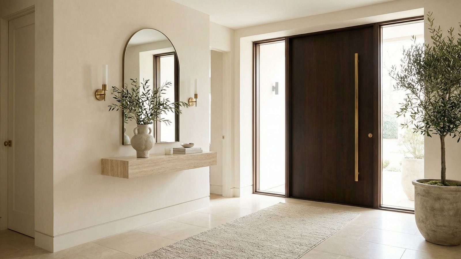 A modern, minimalist entryway featuring a large dark wooden door, floor-to-ceiling windows, thoughtful entryway decor like a floating console with greenery, a round mirror, wall sconces, a textured rug, and a potted plant for welcoming entryways.