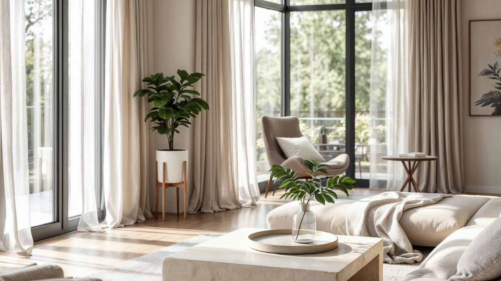A bright, modern living room with large windows, sheer beige curtains, a cozy armchair, indoor plants, and neutral décor—perfect for easy living and inspiring home decor ideas in the glow of summer mornings.
