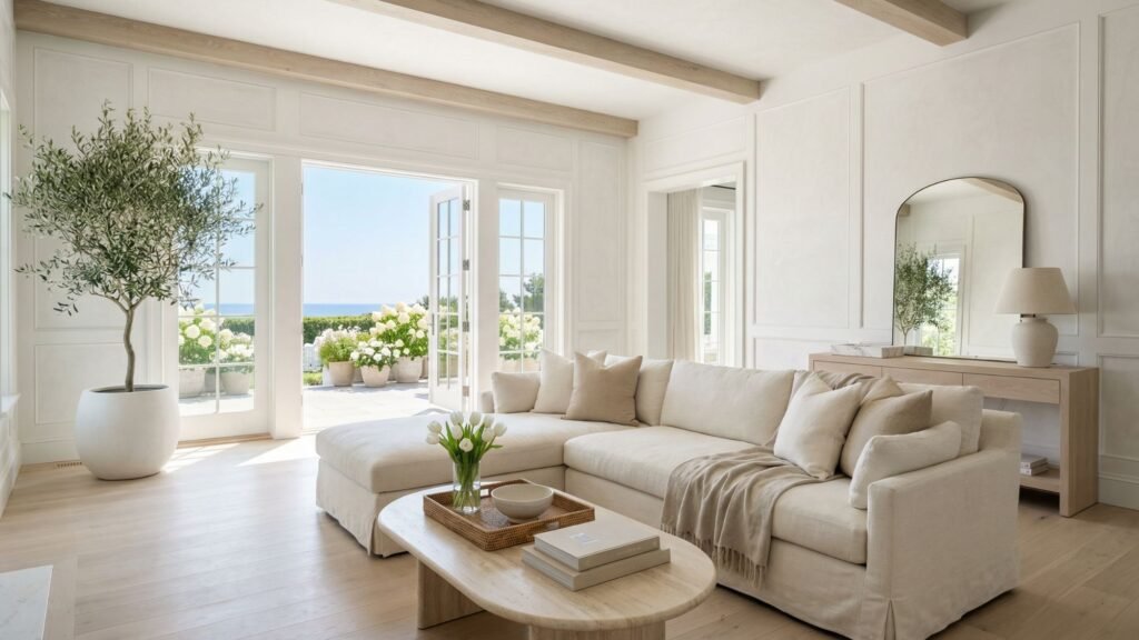 Bright, airy living room with light wood floors, a large cream sectional sofa, and a wooden coffee table. French doors open to a sunny patio with plants—perfect spring home decor ideas to refresh your space with serene, coastal charm.