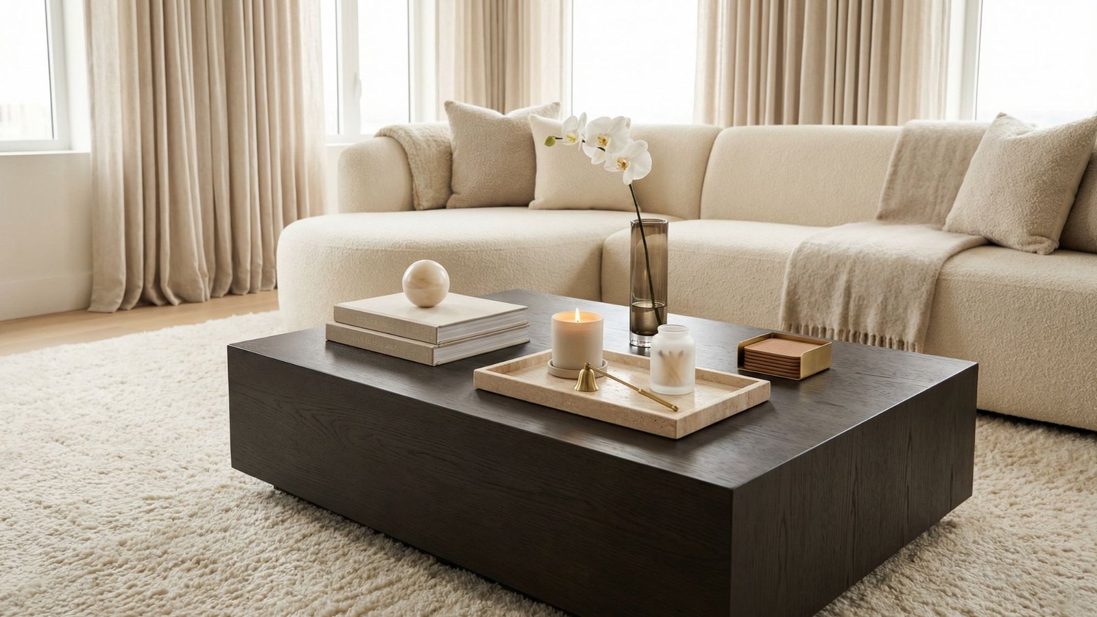 A modern living room with effortless styling features a dark wooden coffee table, decorative books, a candle, a tray, and a white orchid in a vase. A cream-colored sofa and light curtains complete the cozy, neutral-toned space.