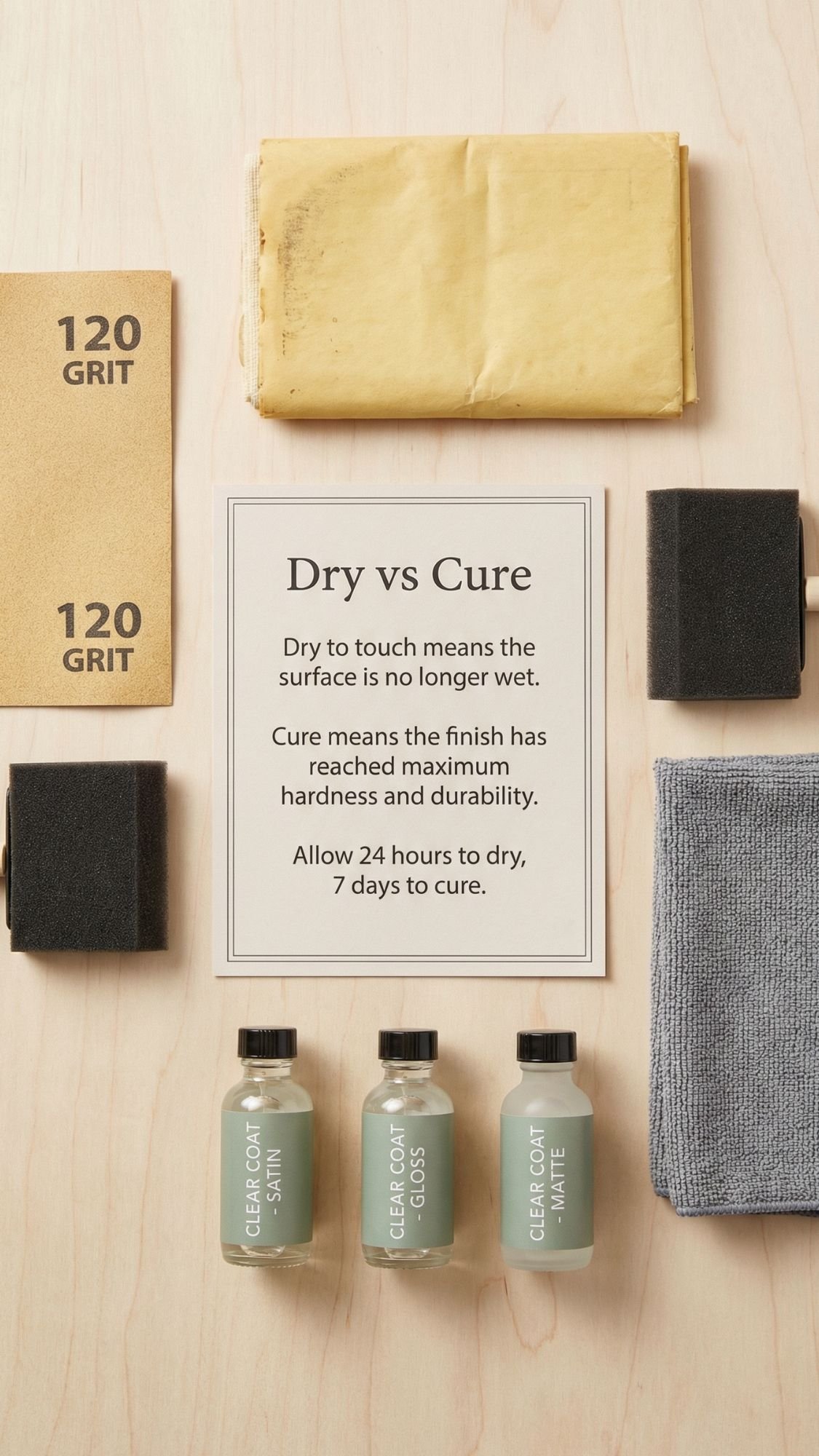 A flat lay displays two sheets of 120 grit sandpaper, foam brushes, microfiber and yellow cloths, three clear coat bottles (matte, gloss, satin), and a sign on “Dry vs Cure”—perfect DIY garden gifts for crafty garden lovers or presents for moms.