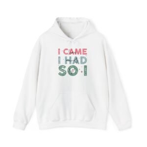 A white hoodie with the text I CAME I HAD SO I in pink, blue, and green letters on the front. The word “FUN” is faintly scribbled over “HAD” in blue handwriting—perfect for an introvert seeking cozy rituals or a playful fall reset.