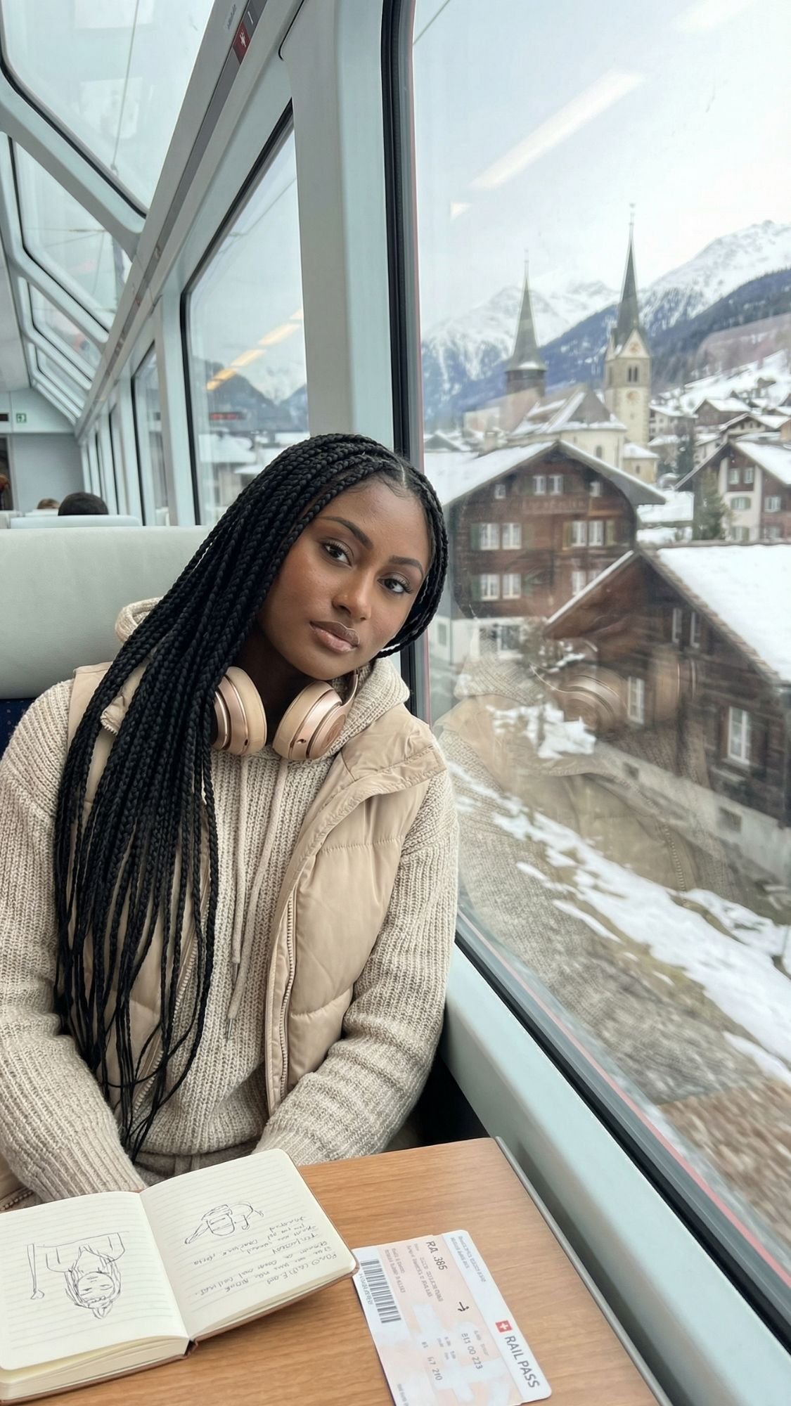 A woman with braided hair and headphones sits on a train by the window, gazing at snowy Alpine scenery and charming Fairytale Villages Switzerland, complete with wooden houses and church spires. An open notebook and train ticket rest on the table before her.