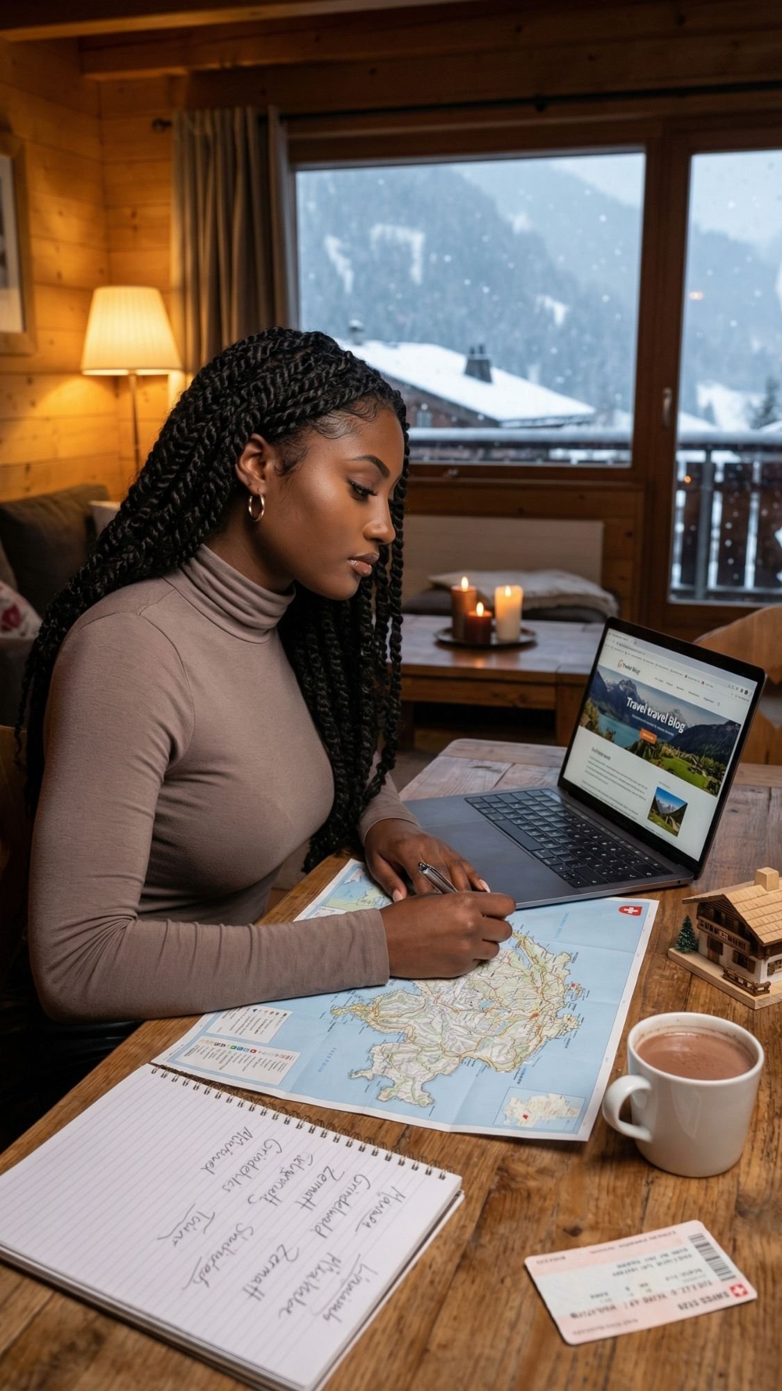 A woman with braided hair sits at a wooden table in a cozy cabin, planning a winter trip to Switzerland with a map, notebook, laptop, mug of hot drink, and a boarding pass. Snowy mountains and fairytale villages are visible outside the window.