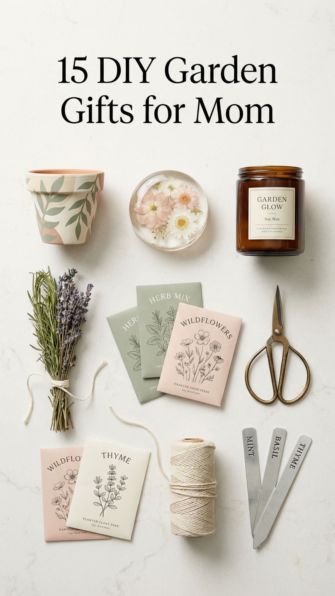 A flat lay of gardening-themed gifts—decorated flower pot, floral candle, brown jar candle, dried lavender, seed packets, scissors, twine, and plant markers—perfect DIY presents for garden loving moms. Text reads: 15 Fresh and Lovely Garden Gifts for Mom.
