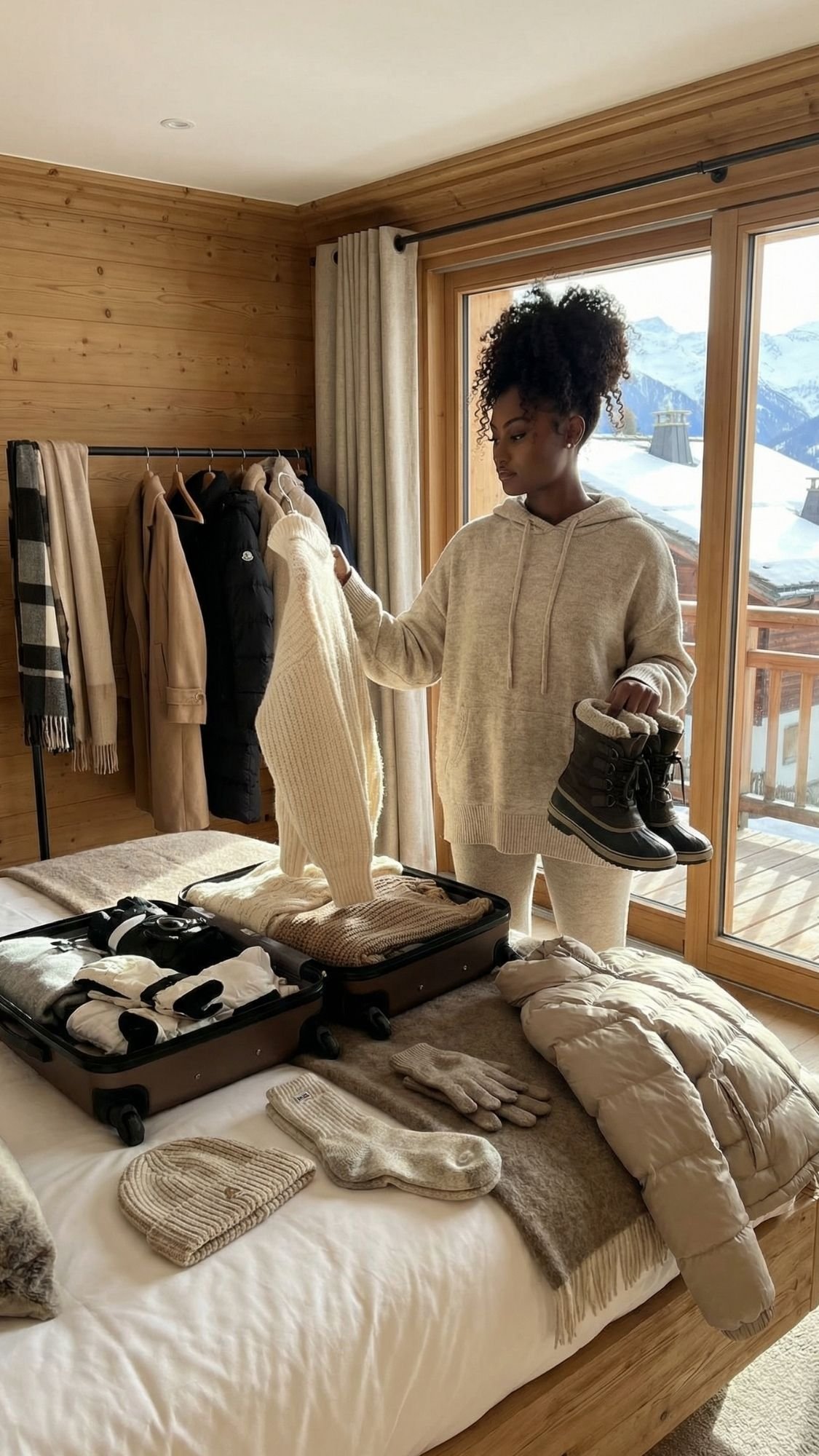 A woman stands in a cozy, wood-paneled room in Switzerland, holding a sweater and winter boots while packing a suitcase. Warm clothing is laid out on the bed, and snow-covered mountains and fairytale villages are visible through the window.