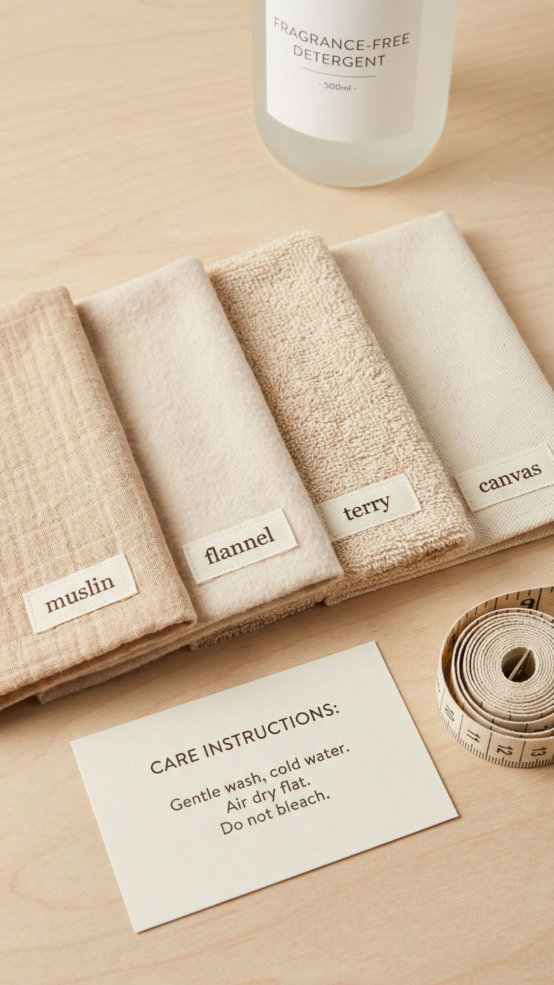 A group of towels with labels and a measuring tape—perfect gentle gifts or DIY gifts for new moms seeking thoughtful, practical essentials.