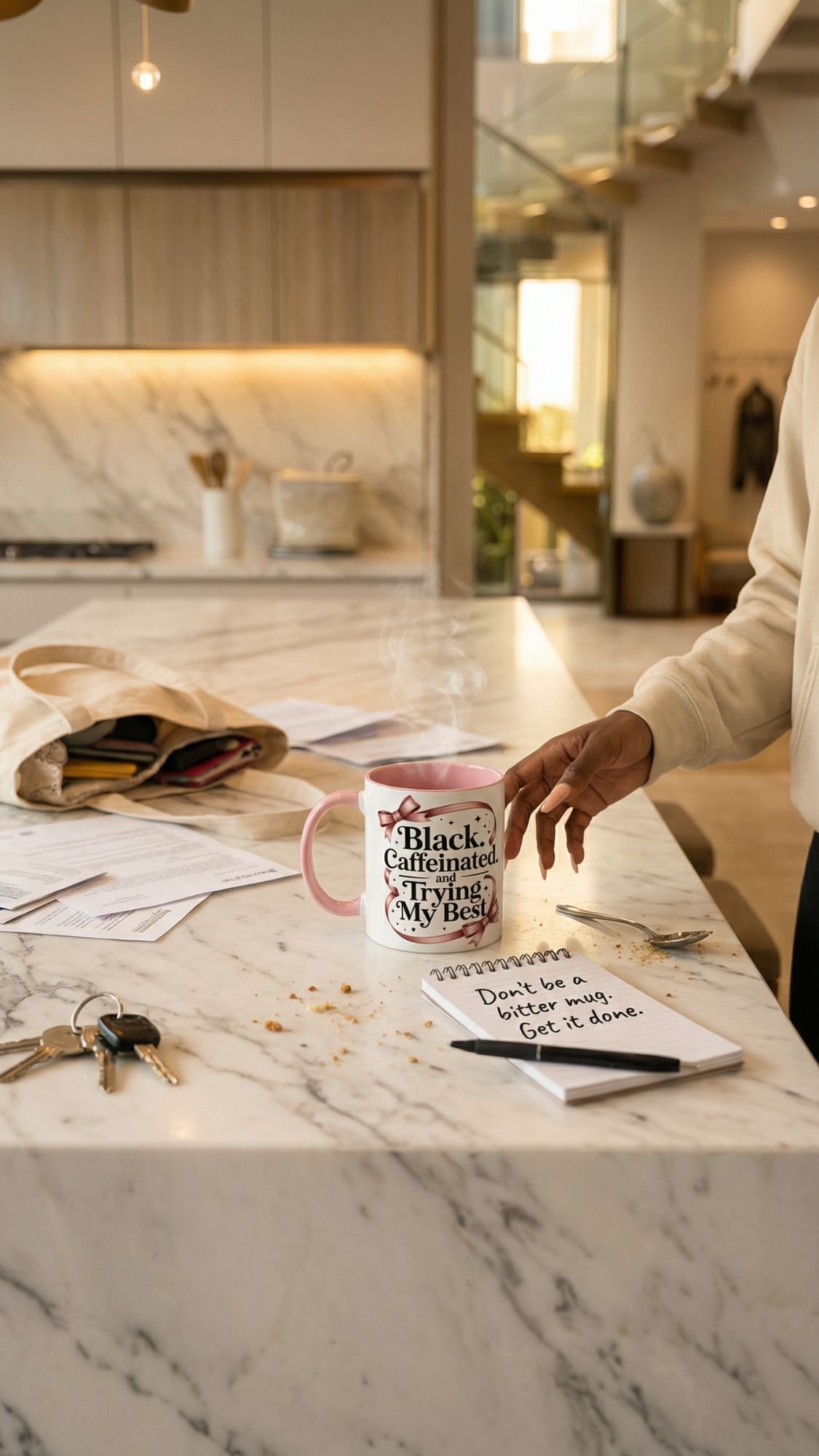 A coffee lover stands at a marble kitchen counter surrounded by papers, keys, and a steaming mug that reads Black. Caffeinated. Trying My Best.—the perfect energize for their morning rituals. Nearby, a notebook: Don’t be a bitch, make moves. Get it done.