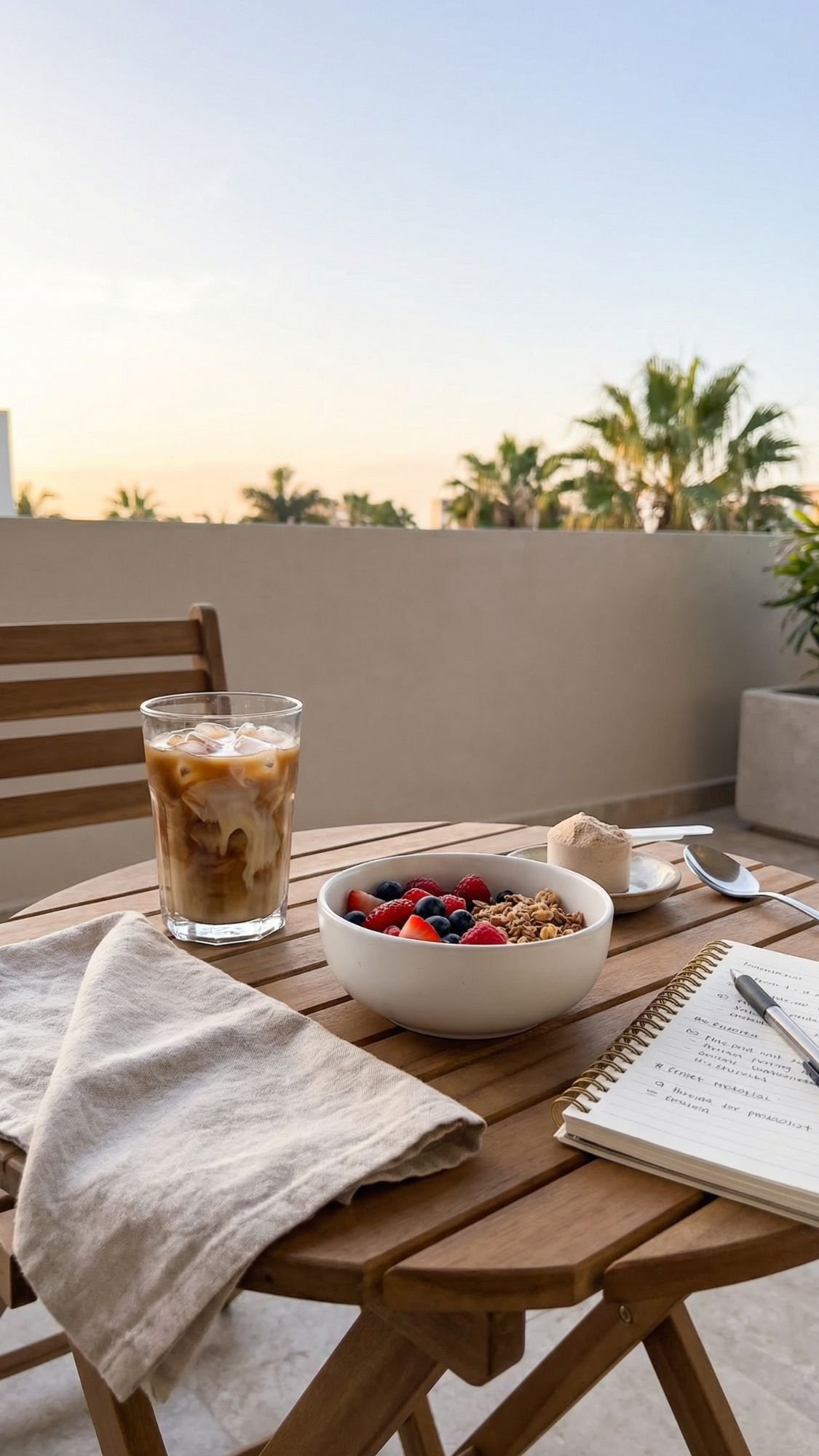 A wooden table on a balcony holds a bowl of granola with berries, morning coffee in a glass, a napkin, a spoon, and an open notebook. Palm trees and a clear sky at sunrise set the scene for coffee lover morning rituals to energize your day.
