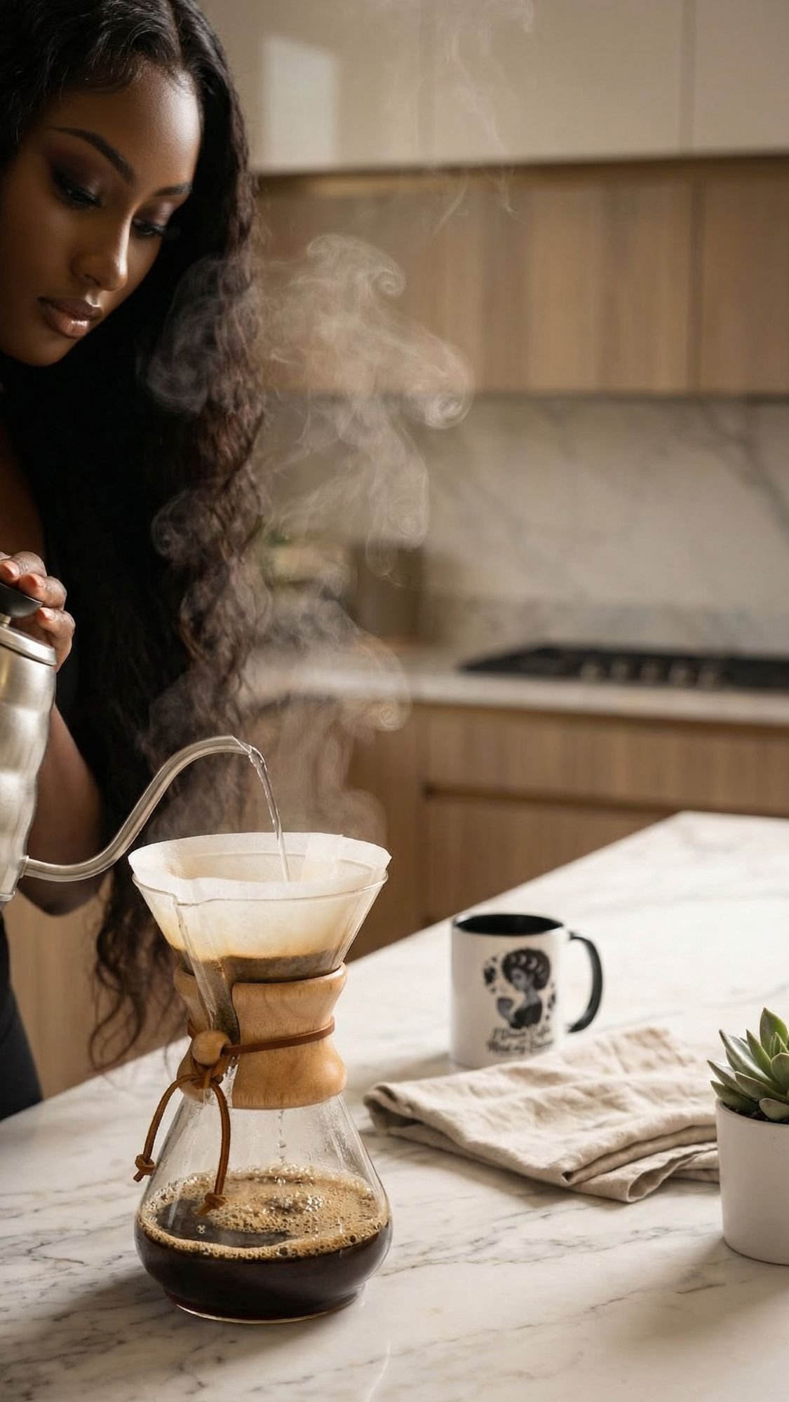 A coffee lover pours hot water from a kettle into a Chemex on a marble kitchen counter, steam rising as part of her morning rituals—nearby, a mug, folded cloth, and small potted plant set the scene to energize her day.