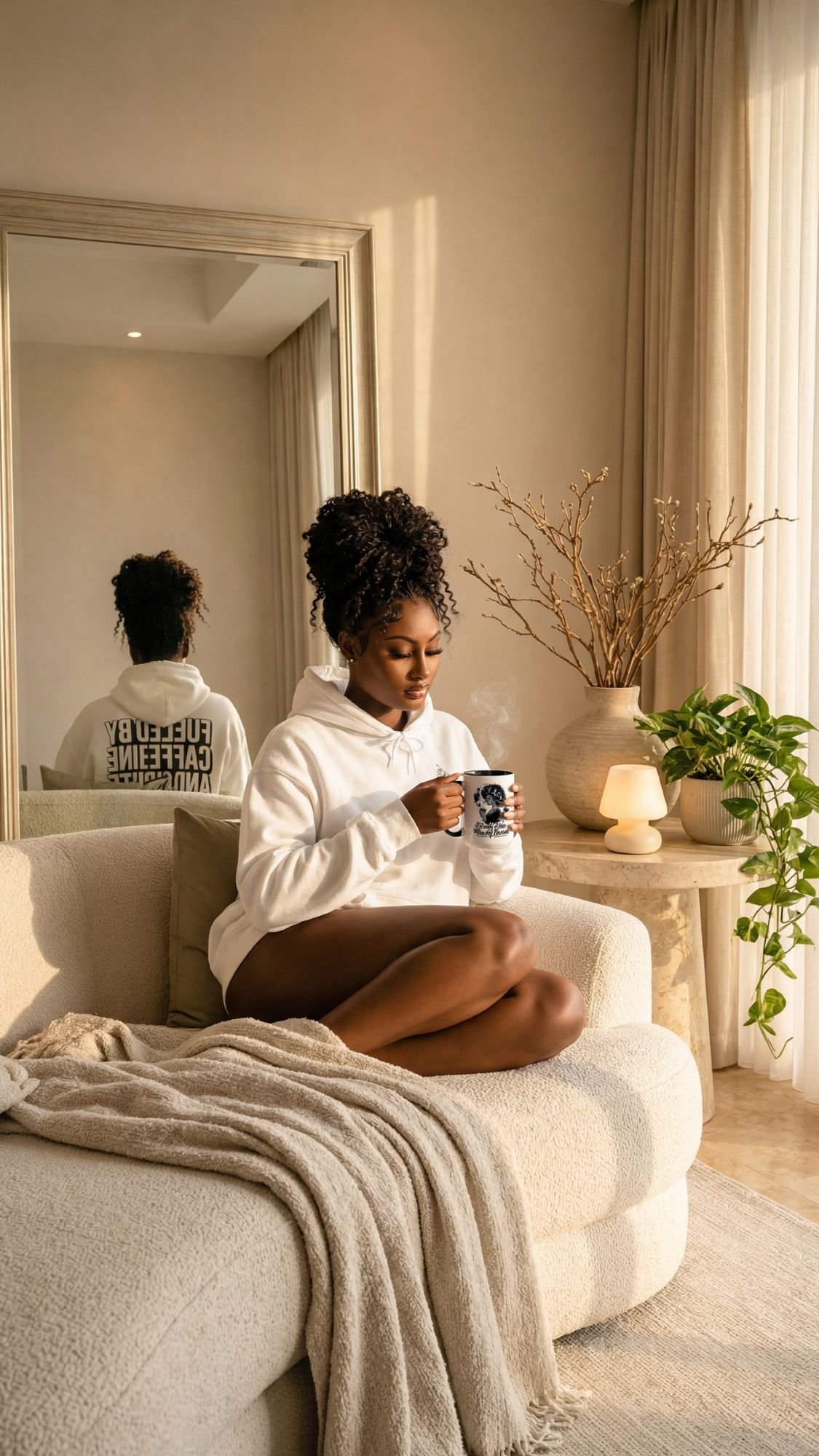 A woman sits cross-legged on a cream-colored sofa, wearing a white hoodie and holding a mug. Soft sunlight fills the cozy room—a perfect spot for morning rituals—complete with plants, a blanket, and a mirror reflecting her back.