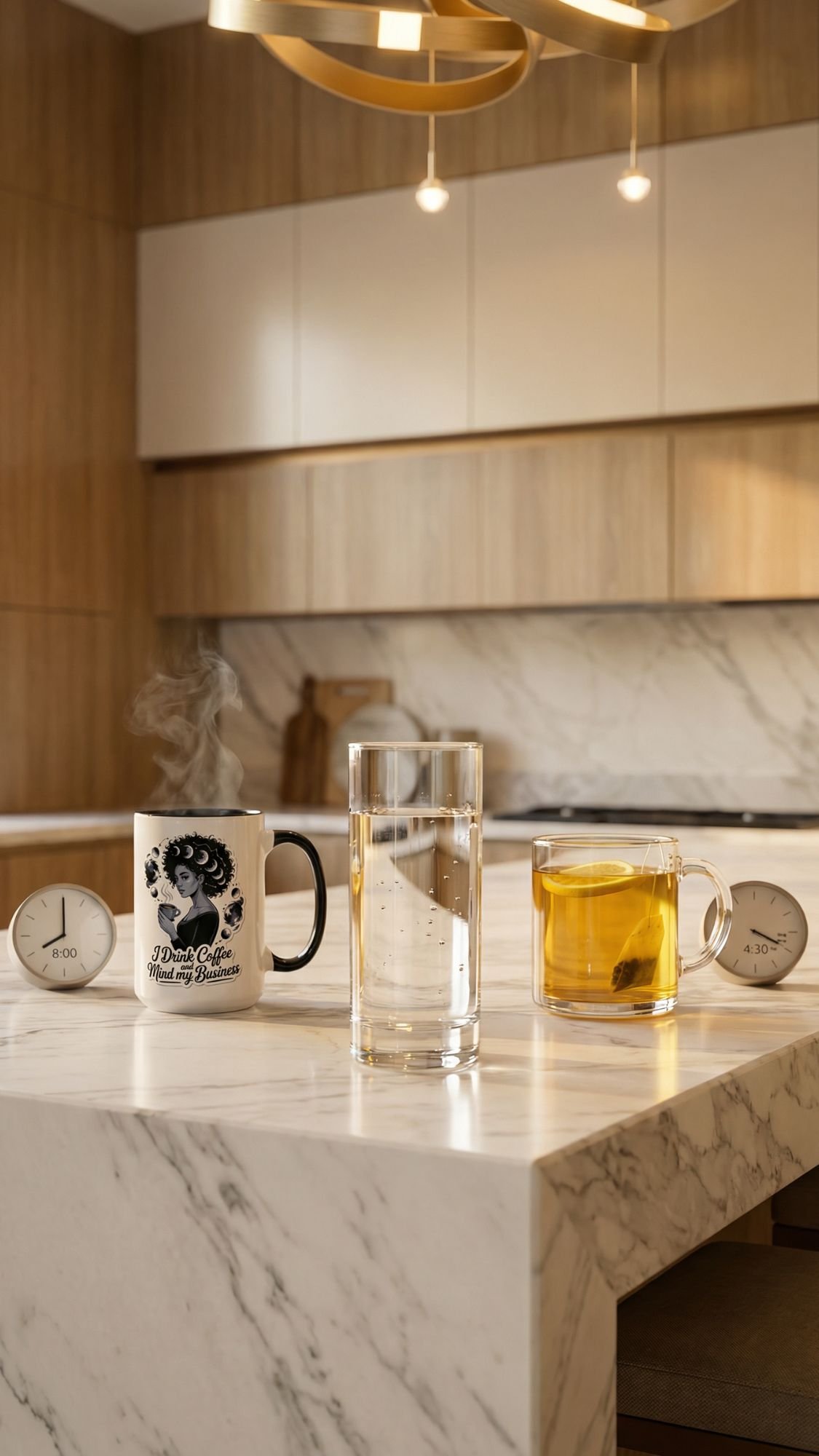 A marble kitchen island holds a steaming mug—perfect for any coffee lover—a glass of water, a cup of tea, and two kitchen timers. Warm wooden cabinets and modern lighting set the scene for peaceful morning rituals.