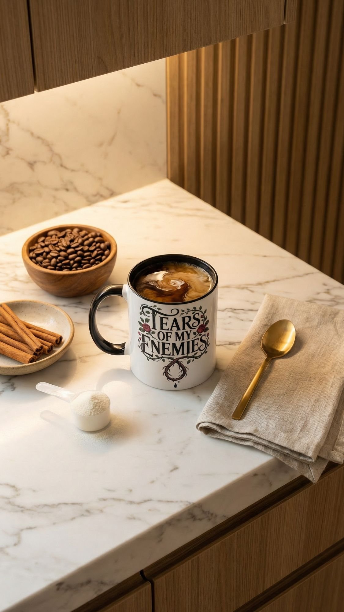 A mug of coffee with swirling cream sits on a marble counter beside a gold spoon, a beige napkin, a scoop of creamer, cinnamon sticks, and coffee beans—a perfect morning ritual for any coffee lover. The mug reads, Tears of my enemies.