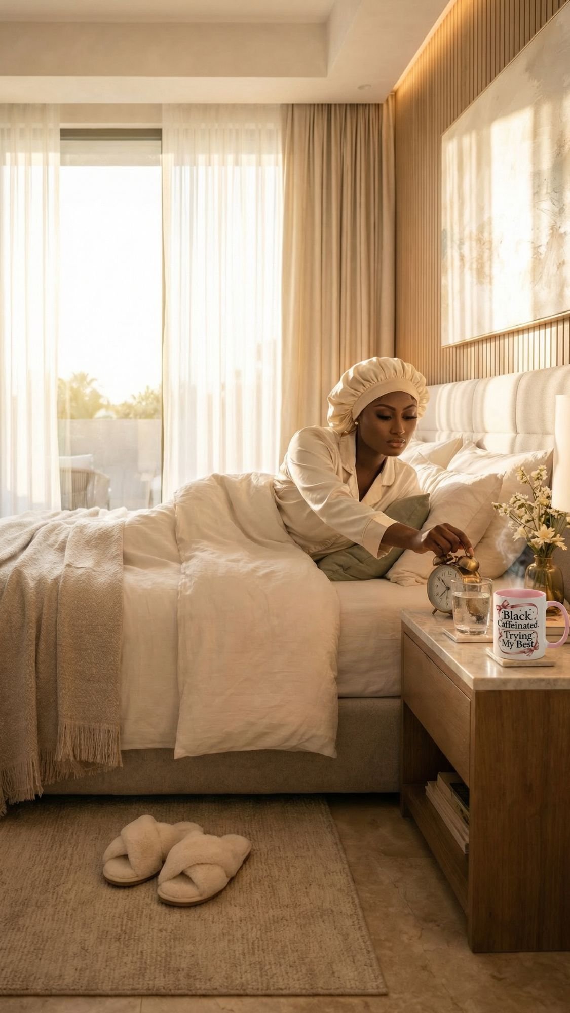 A woman in pajamas and a satin bonnet lies in bed reaching for an alarm clock on the bedside table. Sunlight streams through sheer curtains, and the cozy room reflects her morning rituals—with slippers, a beige blanket, and coffee energizing her day.