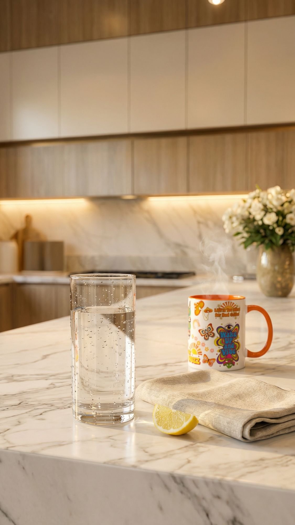 A glass of sparkling water, a steaming mug with colorful designs for the coffee lover, a lemon wedge, and a beige napkin rest on a marble kitchen counter with wooden cabinets and white flowers—perfect for morning rituals to energize your day.