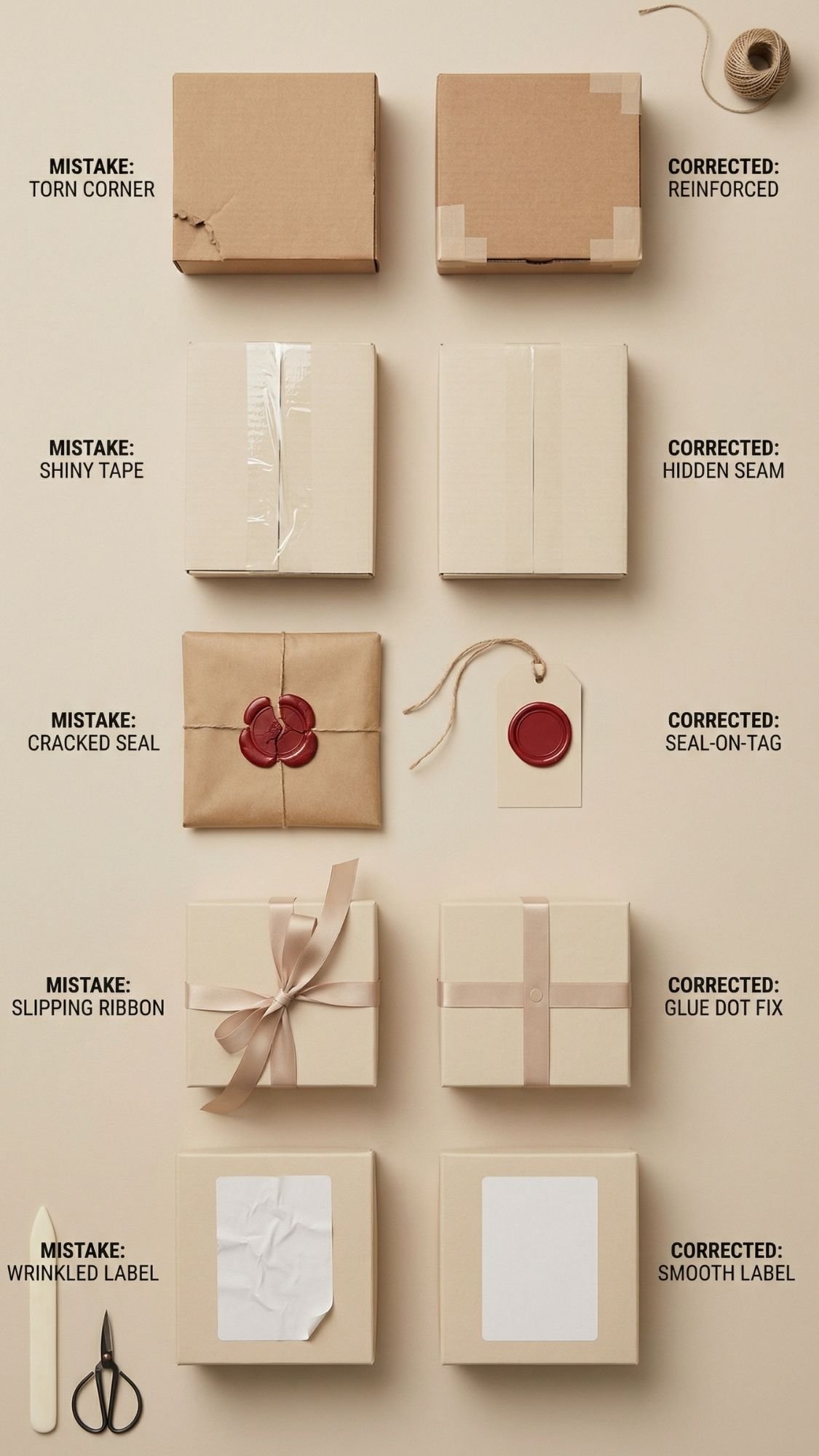 A comparison chart displays six common DIY presents gift-wrapping mistakes—like torn corners and shiny tape—next to their corrected, neutral aesthetic packaging solutions for a polished look, perfect for gifts for mom.