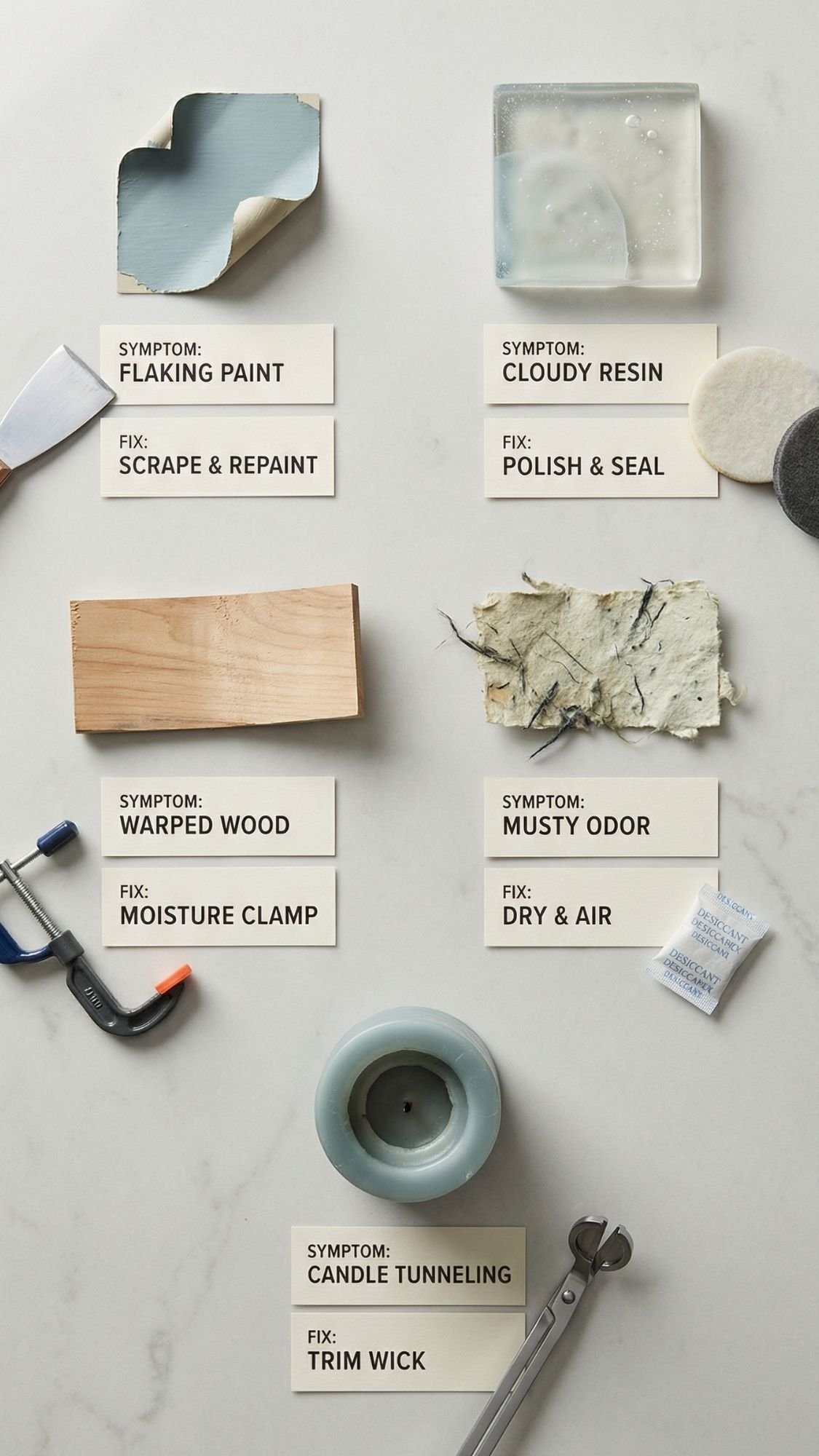 A flat lay shows fresh and lovely DIY presents for garden loving moms, detailing home repair problems like flaking paint, cloudy resin, warped wood, musty odor, and candle tunneling—each with materials and labeled cards describing symptoms and solutions.