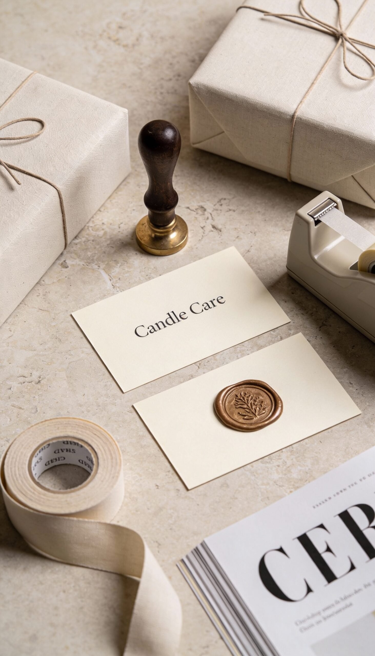 A flat lay of a “Candle Care” card, a card with a wax seal, wrapped packages with neutral aesthetic packaging, a spool of ribbon, a tape dispenser, and part of a magazine—perfect inspiration for DIY presents or thoughtful gifts for mom.