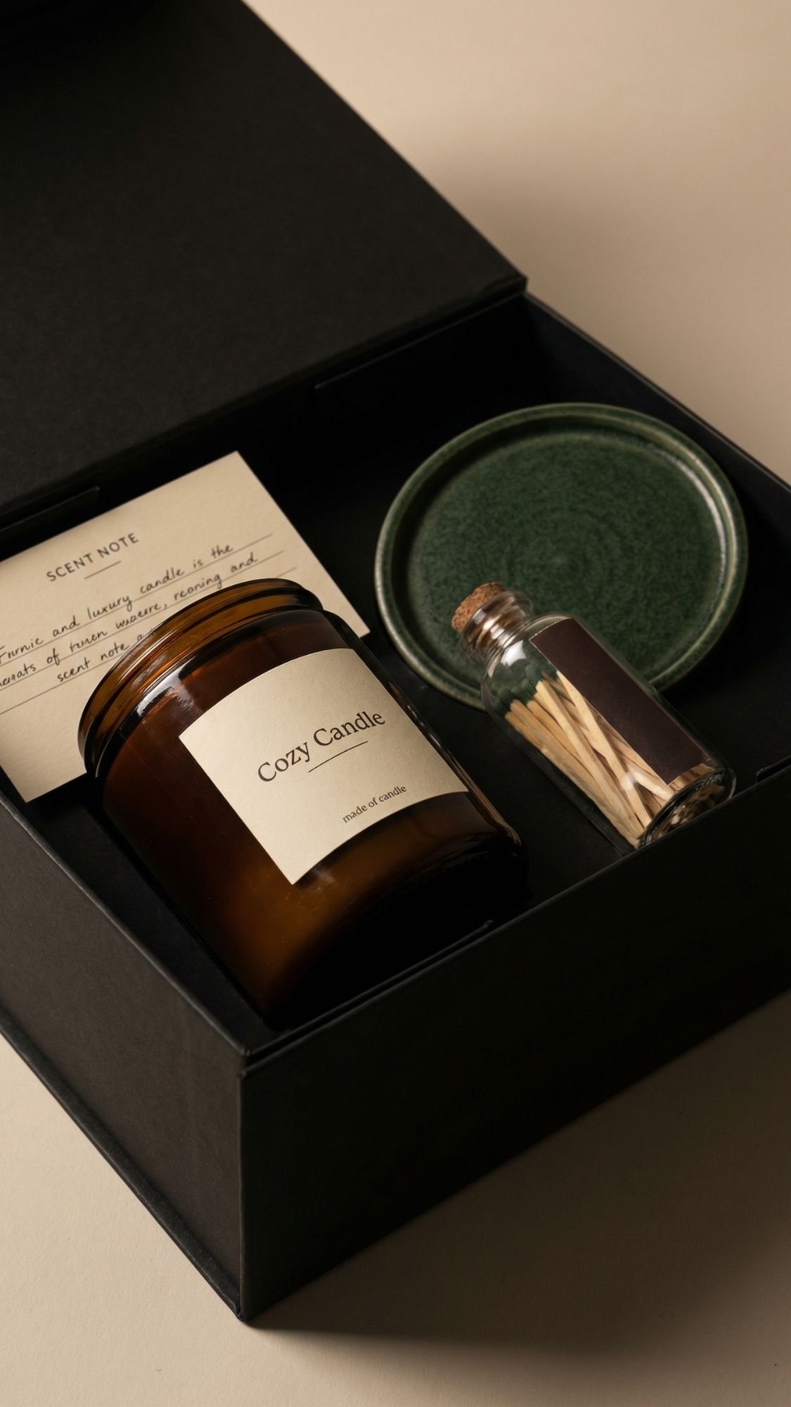 A perfect Winter Gifts idea, this box includes a brown Cozy Candle jar, a glass bottle of matches, a green ceramic coaster, and a Scent Note card—all neatly arranged in a black box for cozy winter nights.