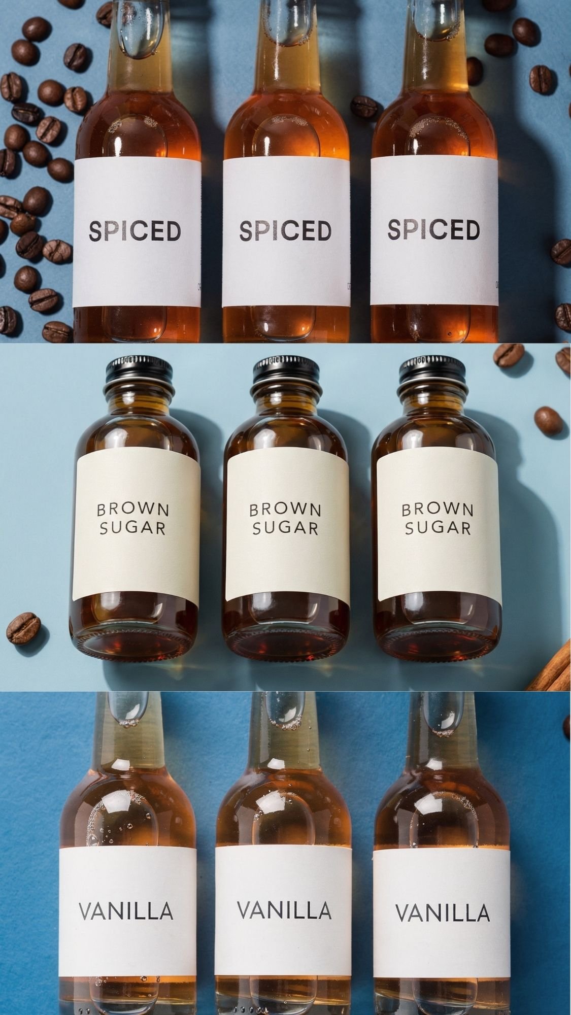Three rows of glass bottles with clear liquids, each row labeled “SPICED,” “BROWN SUGAR,” and “VANILLA.” Perfect as handmade gifts or thoughtful gifts for boyfriend, these unique blends are set against colorful backgrounds.