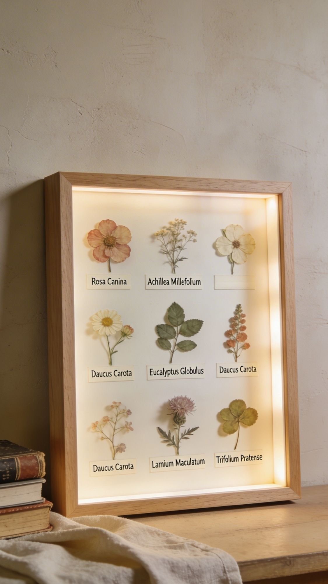 A wooden frame displays nine pressed and labeled botanical specimens, making it perfect for pressed flower crafts or unique preserved flower presents. Includes Rosa Canina, Achillea Millefolium, Daucus Carota, and more.