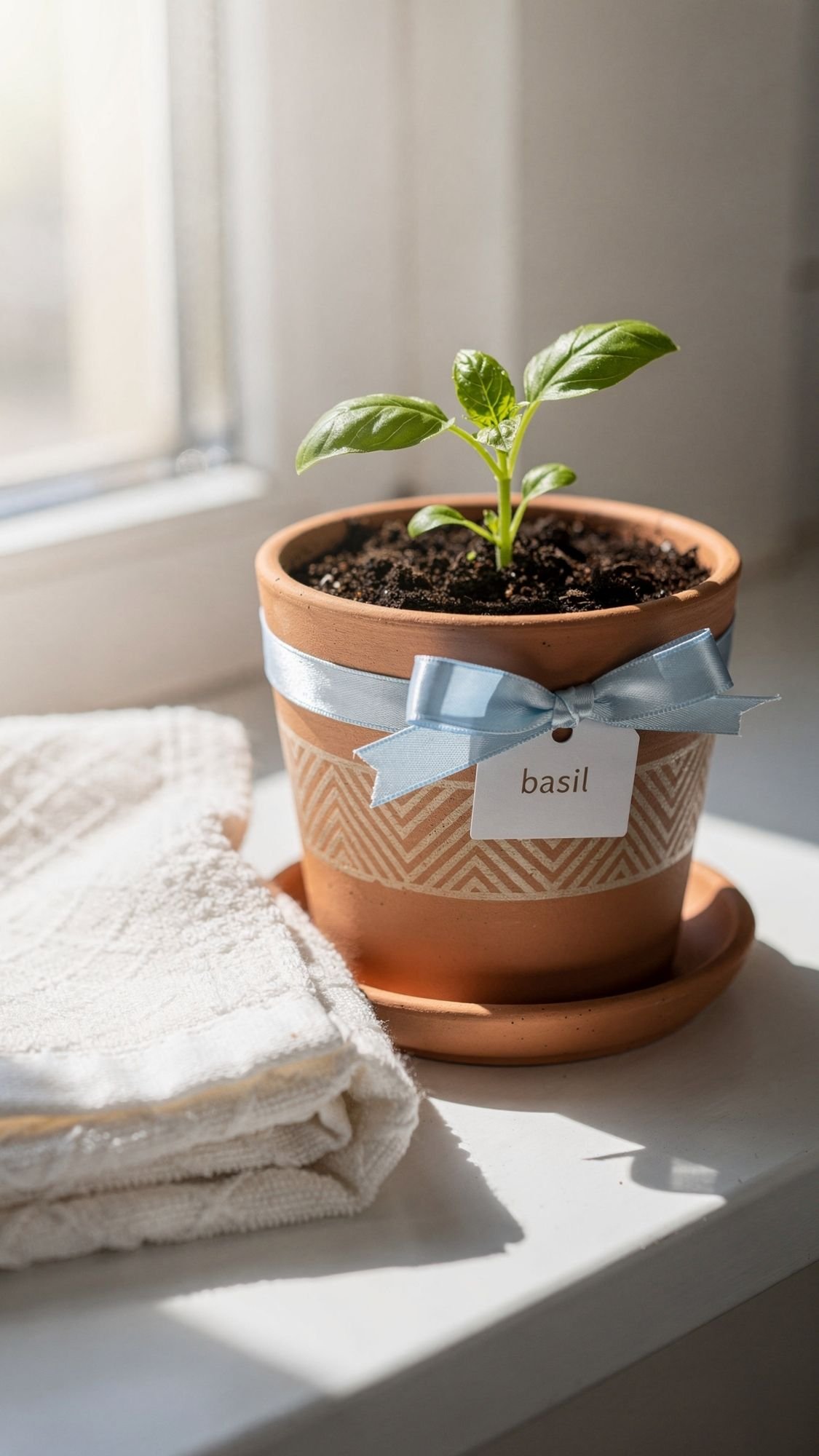 A small basil plant grows in a decorated terracotta pot with a blue ribbon and a label reading basil, sitting on a windowsill next to folded white towels. Sunlight streams in—perfect for DIY Mother's Day gifts or thoughtful DIY presents for Mother's Day.