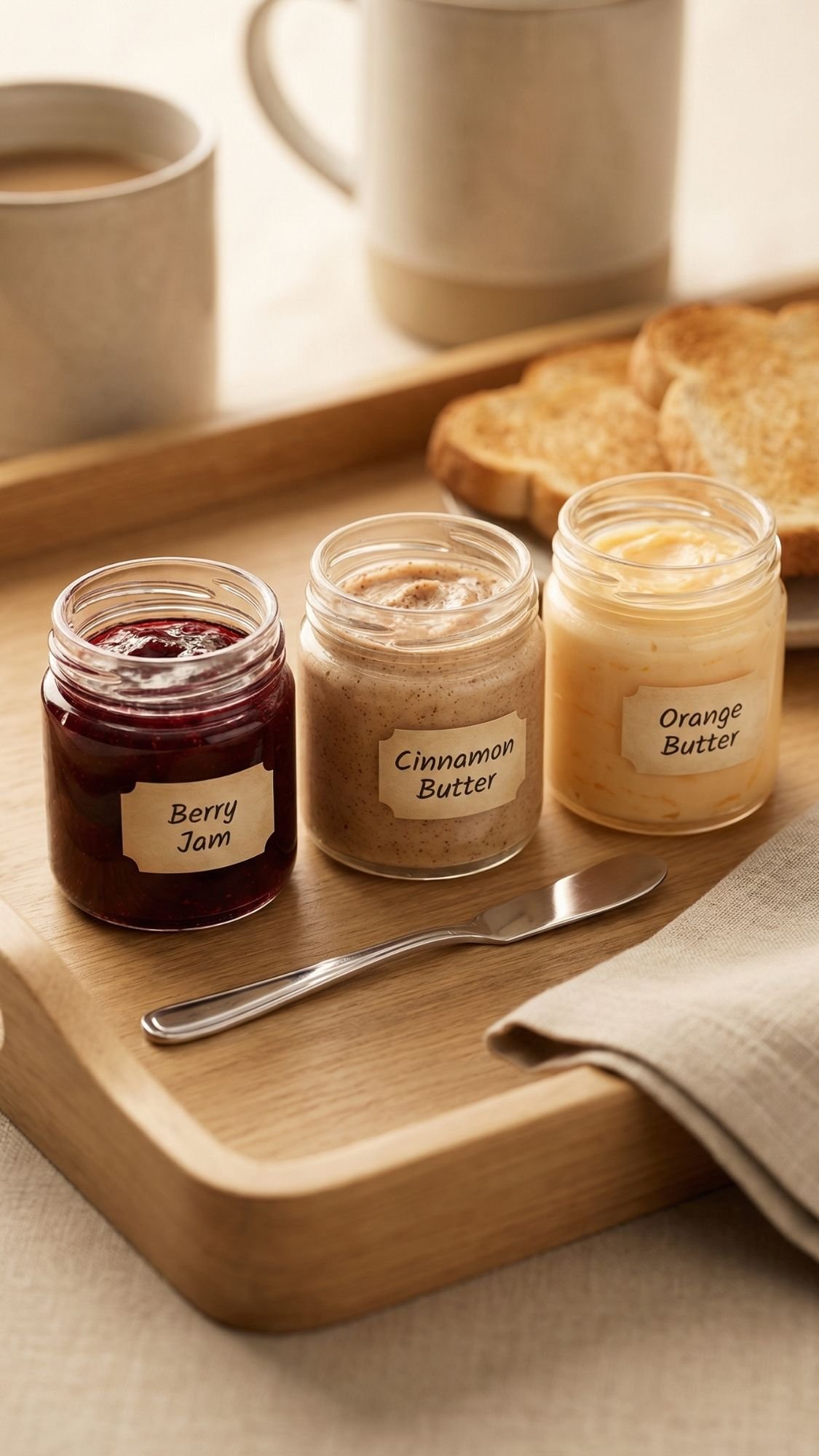 Three small jars labeled Berry Jam, Cinnamon Butter, and Orange Butter sit on a wooden tray with a butter knife—perfect for breakfast in bed or as thoughtful DIY gifts. Toast and mugs complete this charming scene.