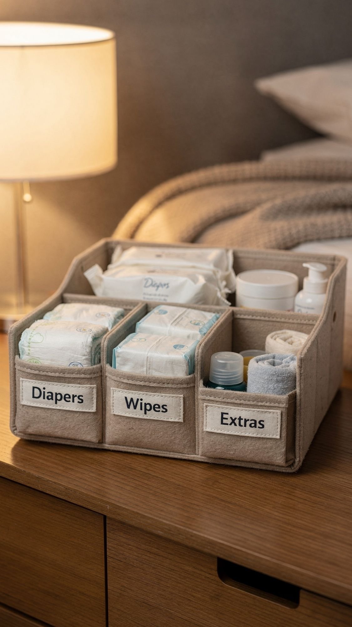 A beige organizer on a wooden dresser holds diapers, wipes, and extras like lotion and rolled towels in labeled sections—a thoughtful touch for DIY gifts for new moms. A bed and a lit lamp are visible in the background.
