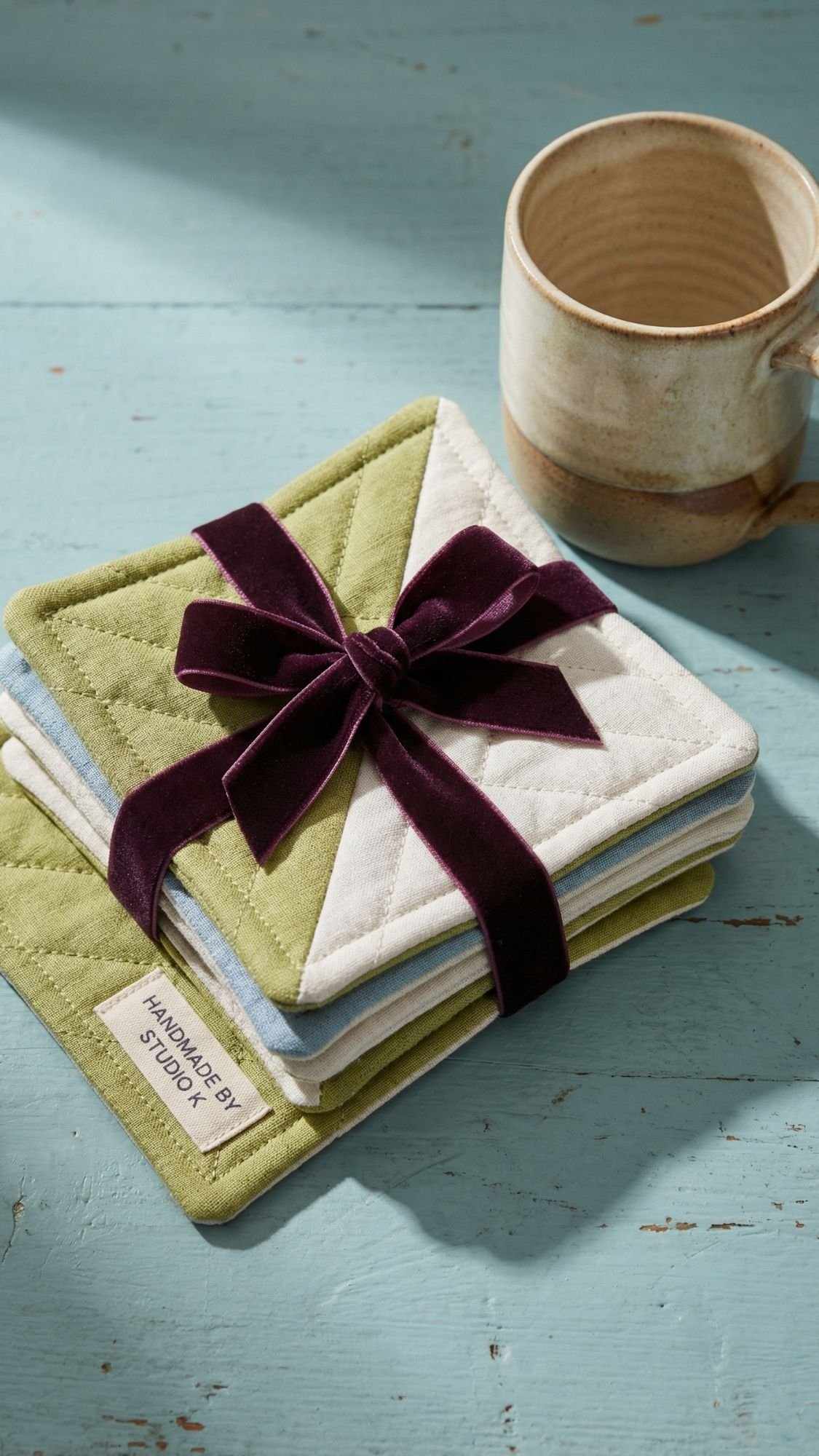 A stack of quilted fabric coasters in pastel colors, tied with a dark purple ribbon, sits on a blue wooden surface next to a ceramic mug—a thoughtful choice for Best Friend Gifts and Handmade Gift Ideas. The top coaster reads “Handmade by Studio K.”.