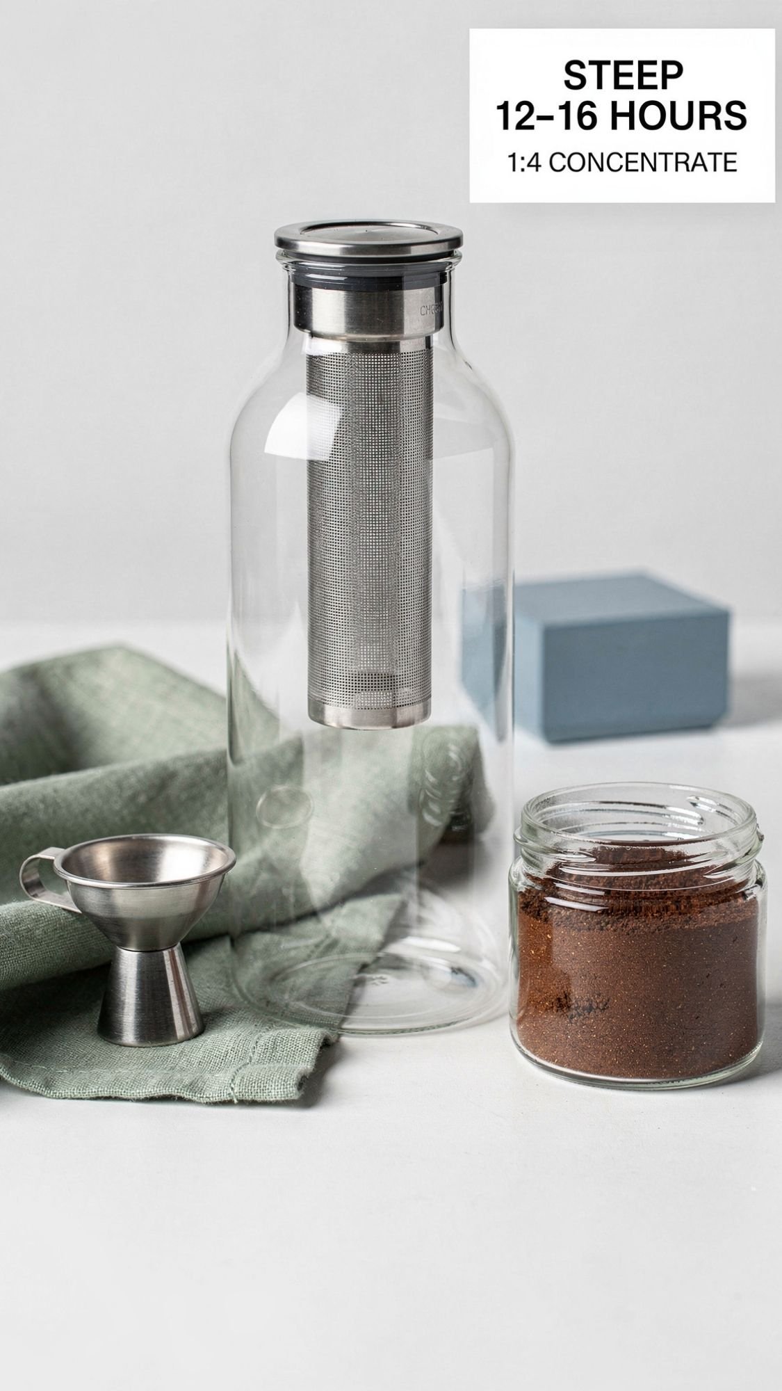 A cold brew coffee maker with a metal filter sits on a green cloth next to a metal measuring cup and an open jar of ground coffee—a perfect example of gifts he will use. A sign reads “STEEP 12–16 HOURS 1:4 CONCENTRATE.”.