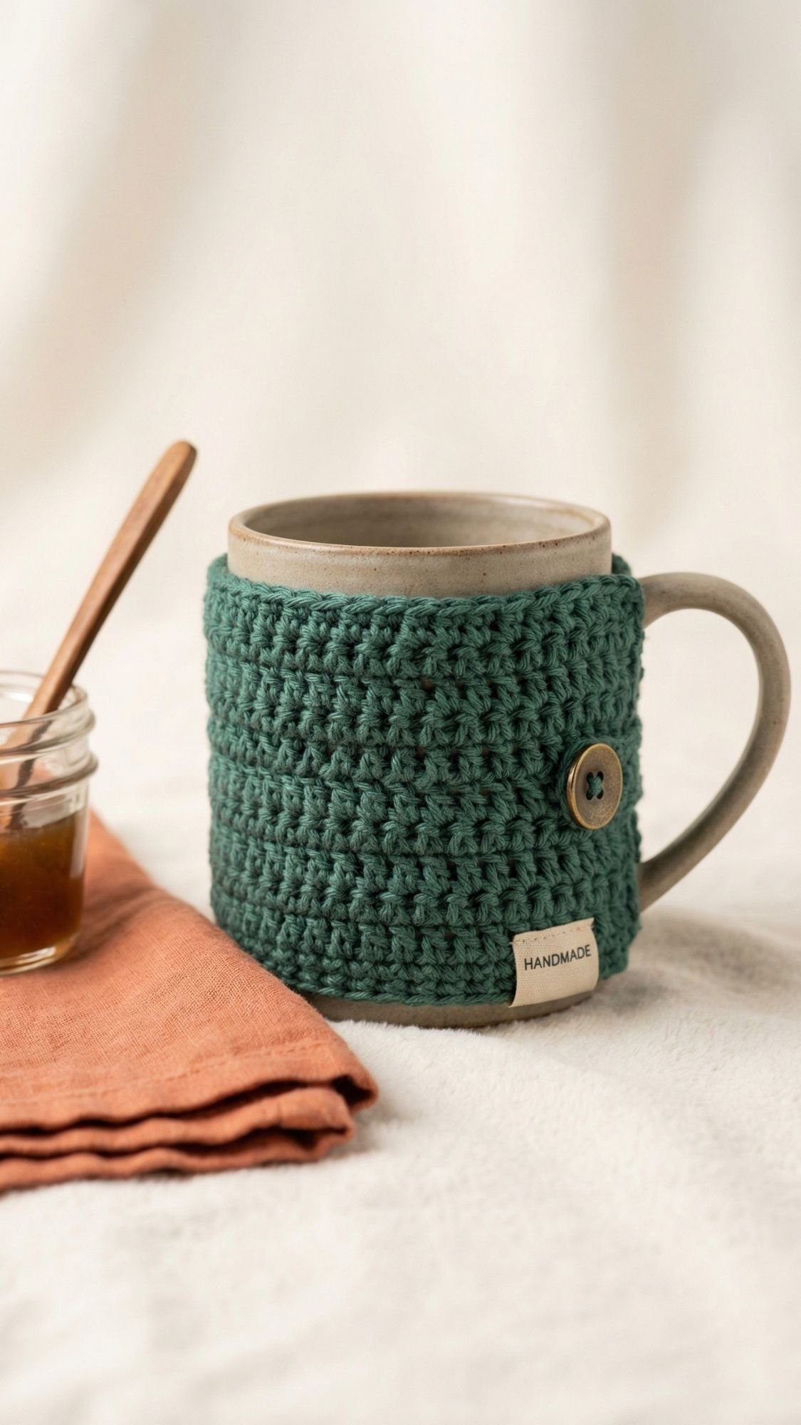 A ceramic mug wrapped in a green crocheted cozy with a button sits next to a glass jar of honey with a wooden dipper—charming handmade gifts for best friend displayed on an orange cloth over a soft, white surface.