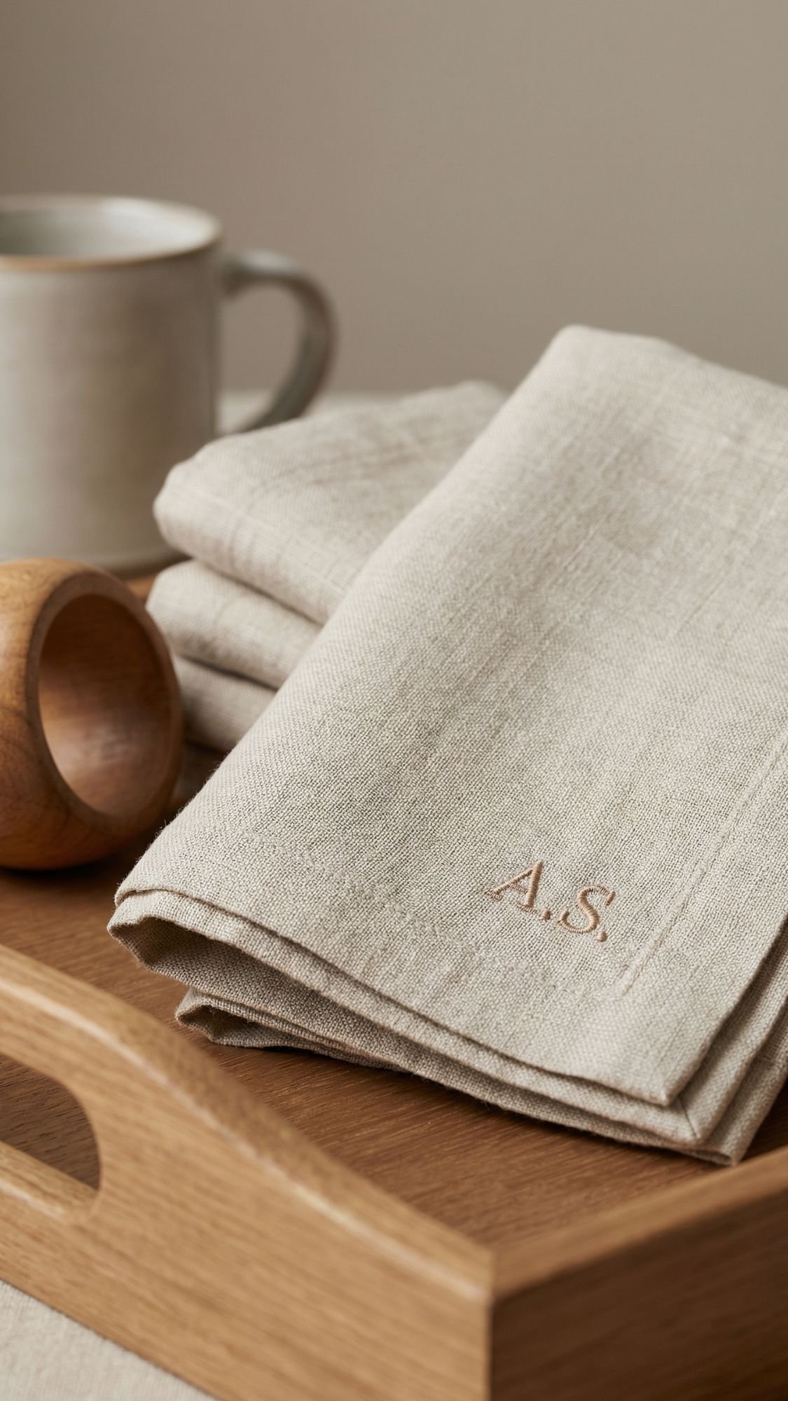 A folded beige linen napkin embroidered with the initials A.S. rests on a wooden tray, perfect for Breakfast In Bed for Mom, with a ceramic mug and more folded napkins in the background—a thoughtful DIY Gift idea.