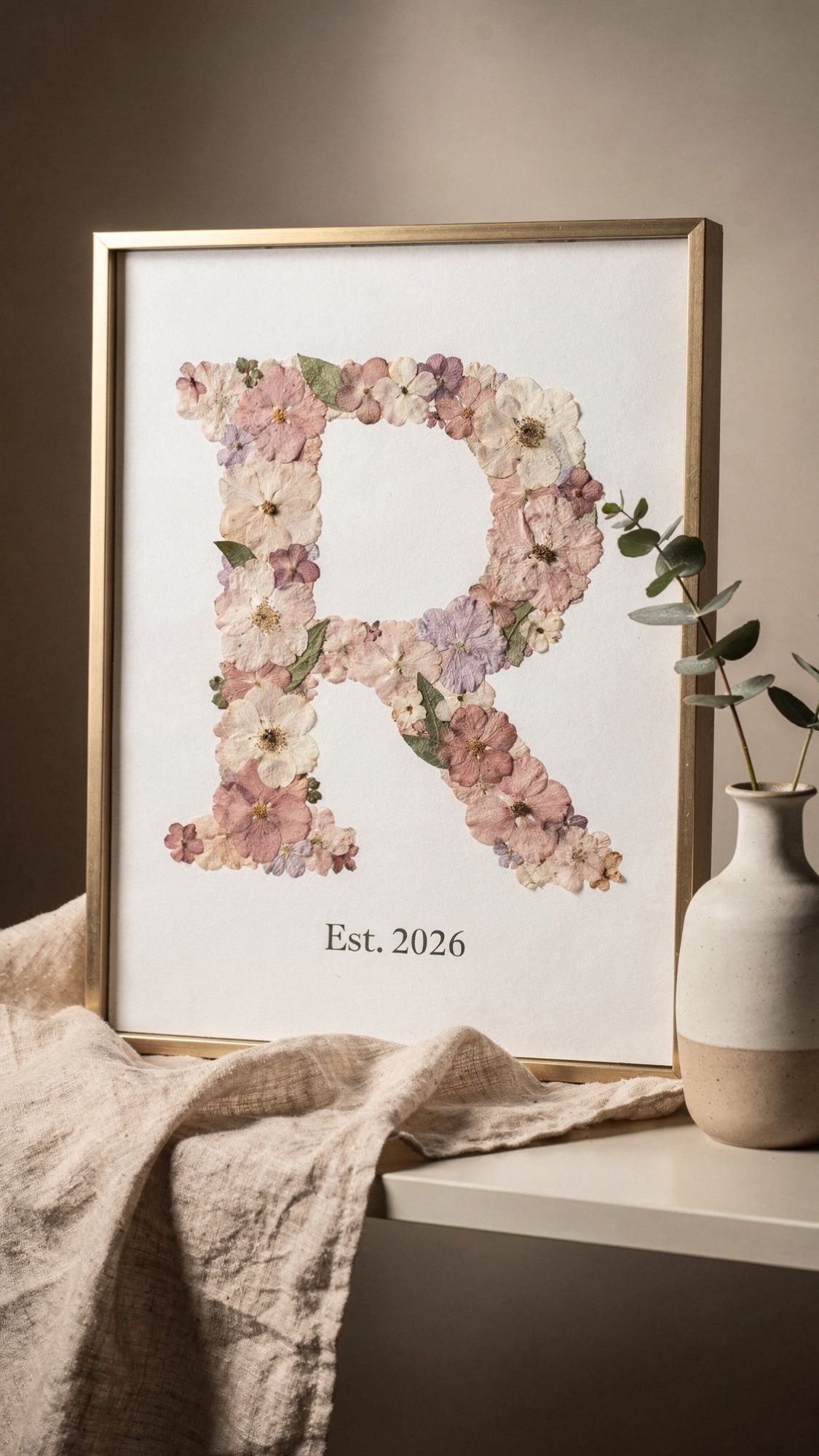 A framed artwork features the letter R made of pressed pastel flowers—a charming example of preserved flower crafts. Below it, the text reads “Est. 2026.” The frame rests on a soft beige cloth beside a small vase with eucalyptus branches.