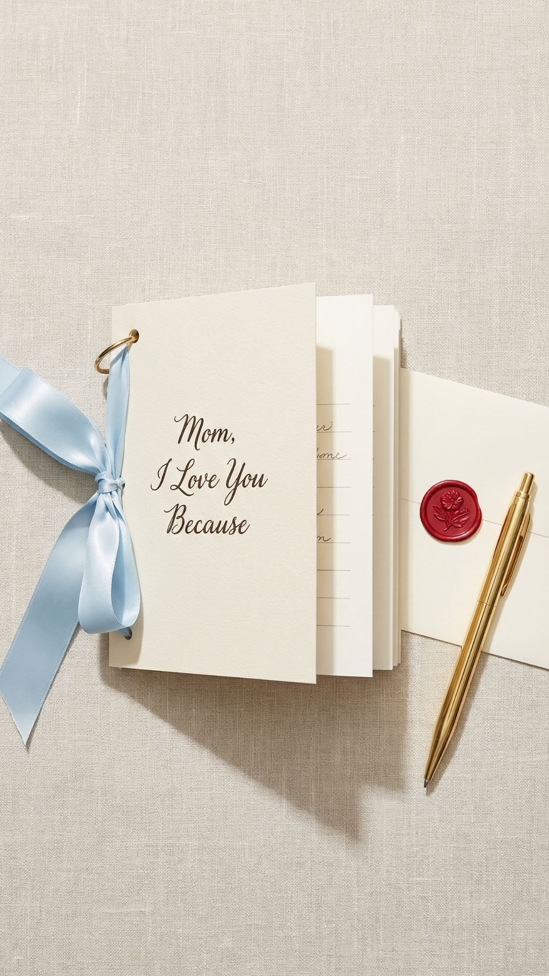 A perfect DIY present for Mother’s Day, this card says "Mom, I Love You Because" on the cover, bound with a light blue ribbon beside a gold pen and an envelope sealed with red wax, all displayed on soft fabric.
