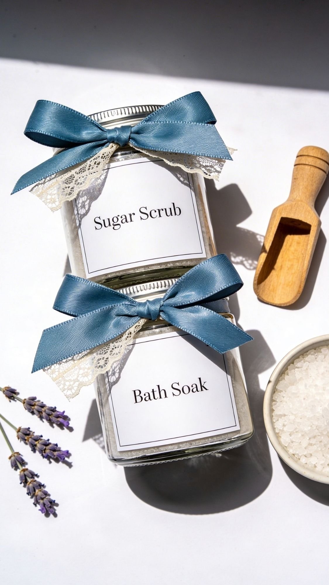 Two glass jars labeled “Sugar Scrub” and “Bath Soak,” each decorated with a blue ribbon and lace, sit beside a wooden scoop, bath salts, and sprigs of lavender—perfect handmade birthday gifts for your best friend.
