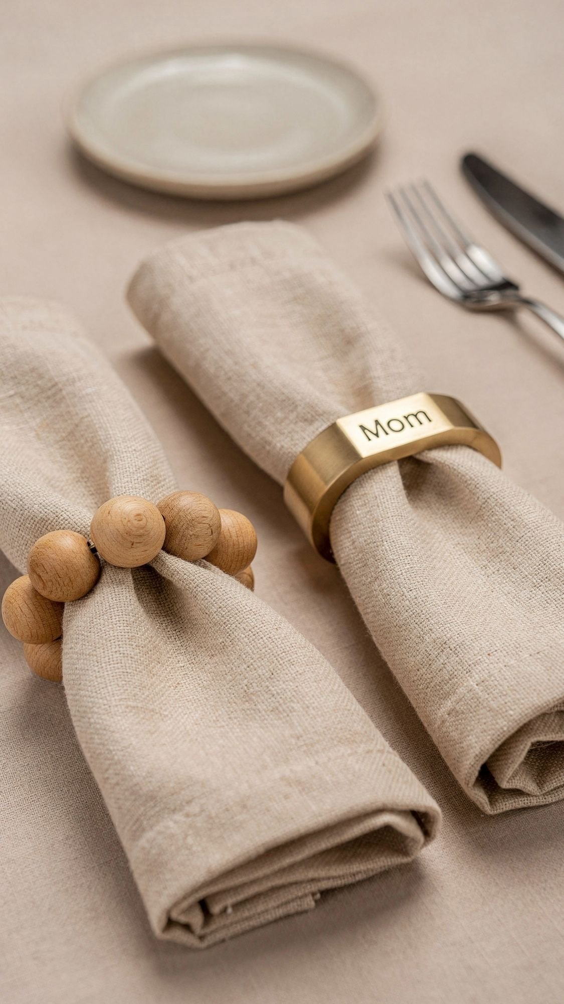 Two beige linen napkins on a table, each held by a different napkin ring: one with wooden beads, the other a gold band engraved with Mom—perfect DIY gifts for Breakfast In Bed. Plate, fork, and knife are in the background.