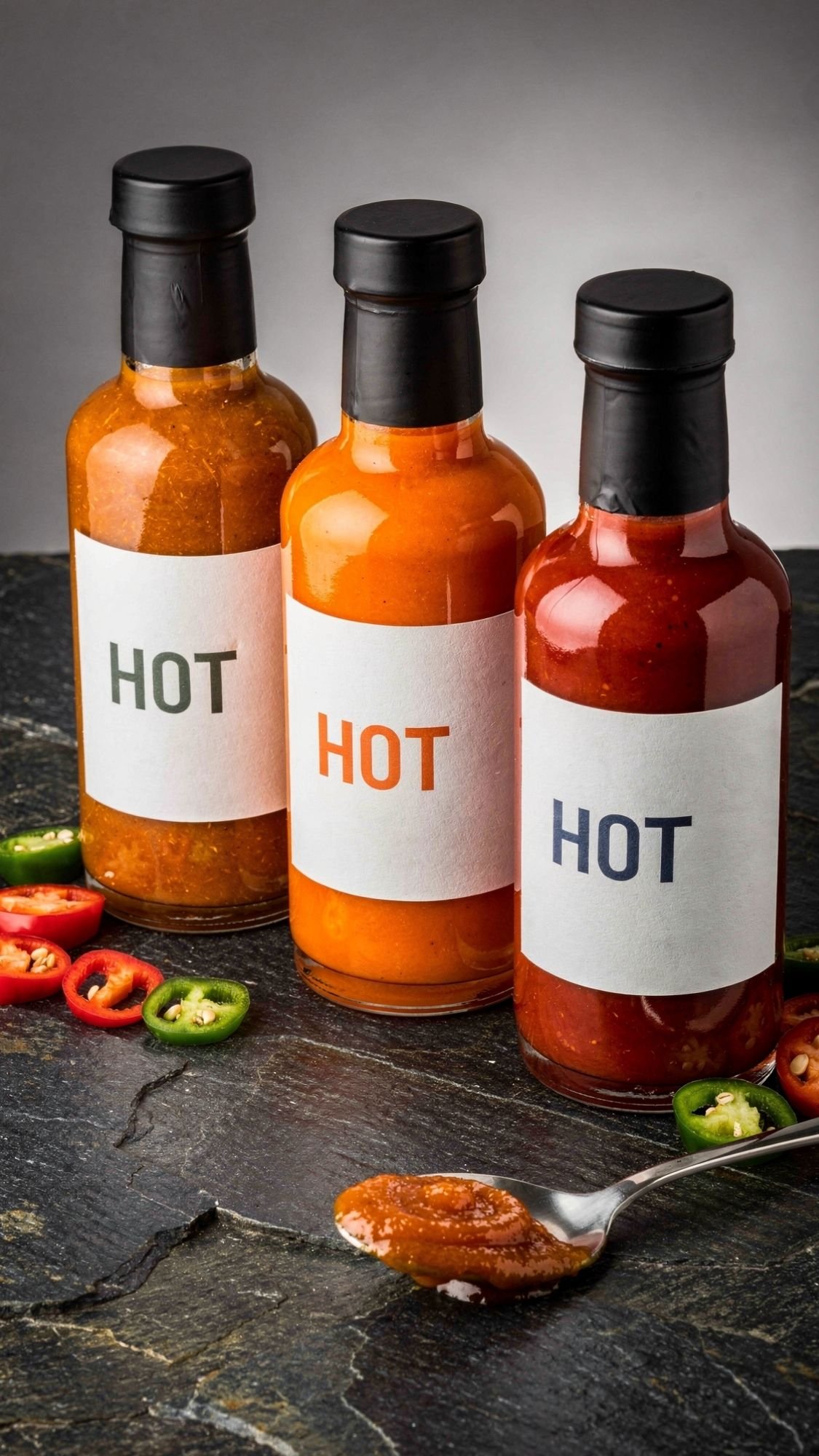 Three glass bottles of hot sauce with black caps and white labels reading HOT in different colors, placed on a dark stone surface with scattered sliced red and green chili peppers—a bold choice for Handmade Gifts For Boyfriend.