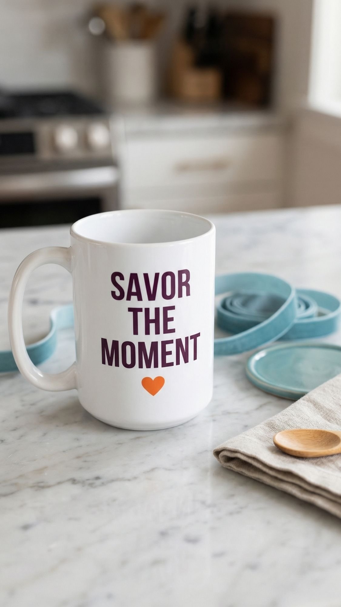 A white mug with “SAVOR THE MOMENT” and an orange heart sits on a marble countertop next to a folded striped towel, wooden spoon, and blue container lids—a charming idea for easy handmade gifts in a bright kitchen.
