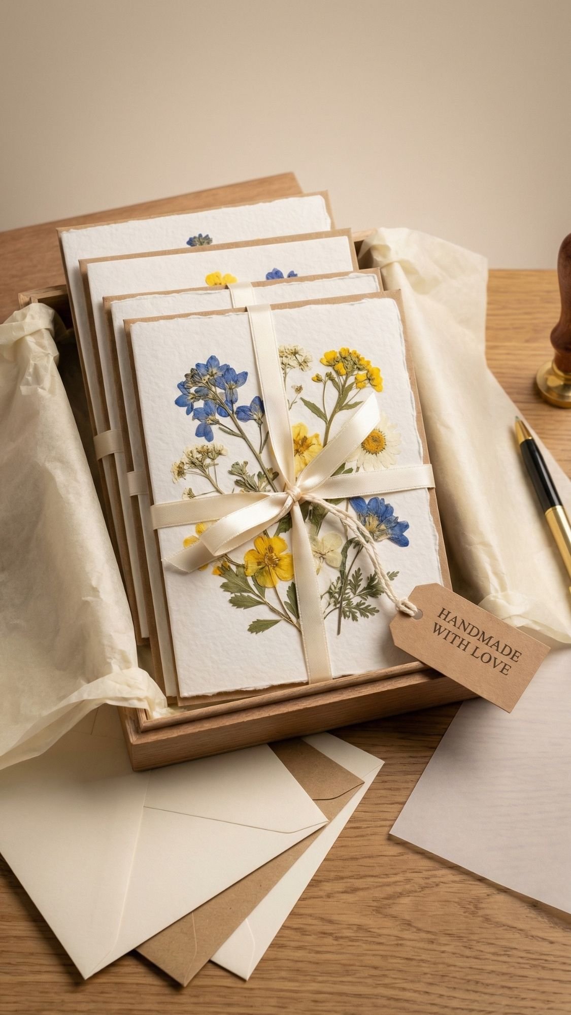 A set of handmade greeting cards decorated with preserved pressed blue and yellow flowers, tied with a ribbon, and labeled Handmade with love, displayed on tissue paper with envelopes on a wooden desk. Perfect for DIY flower gifts.
