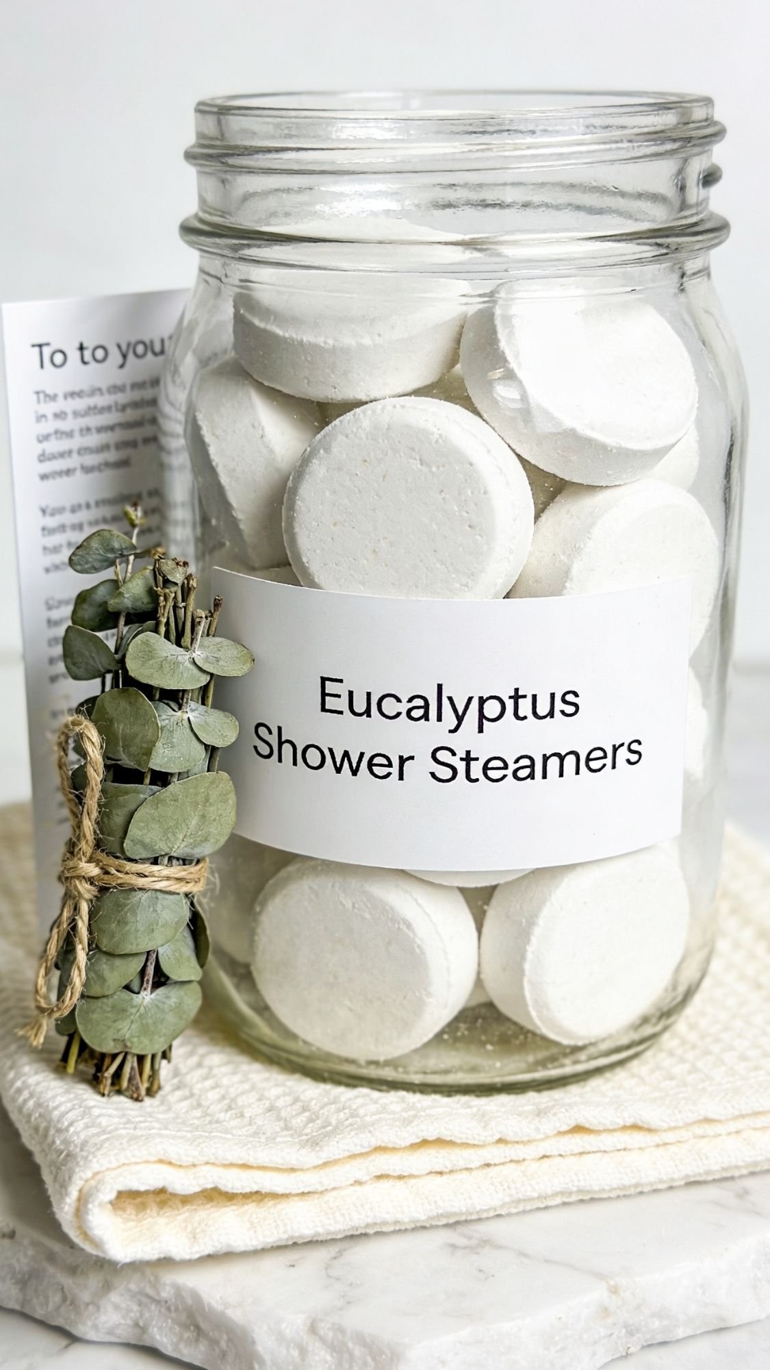 A glass jar labeled Eucalyptus Shower Steamers filled with white round tablets sits on a folded towel, with a small bundle of eucalyptus leaves tied with twine beside it—perfect for cozy winter nights or inspiring DIY gift set ideas.