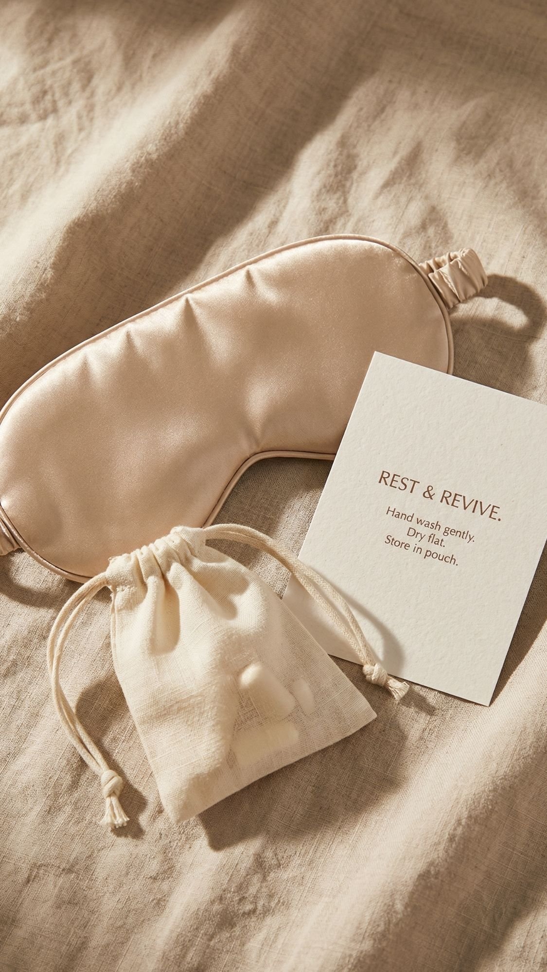 A silky beige sleep mask, a small drawstring pouch, and a card reading REST & REVIVE are arranged on a soft beige fabric background—gentle gifts for new moms seeking relaxation. Hand wash gently. Dry flat. Store in pouch.